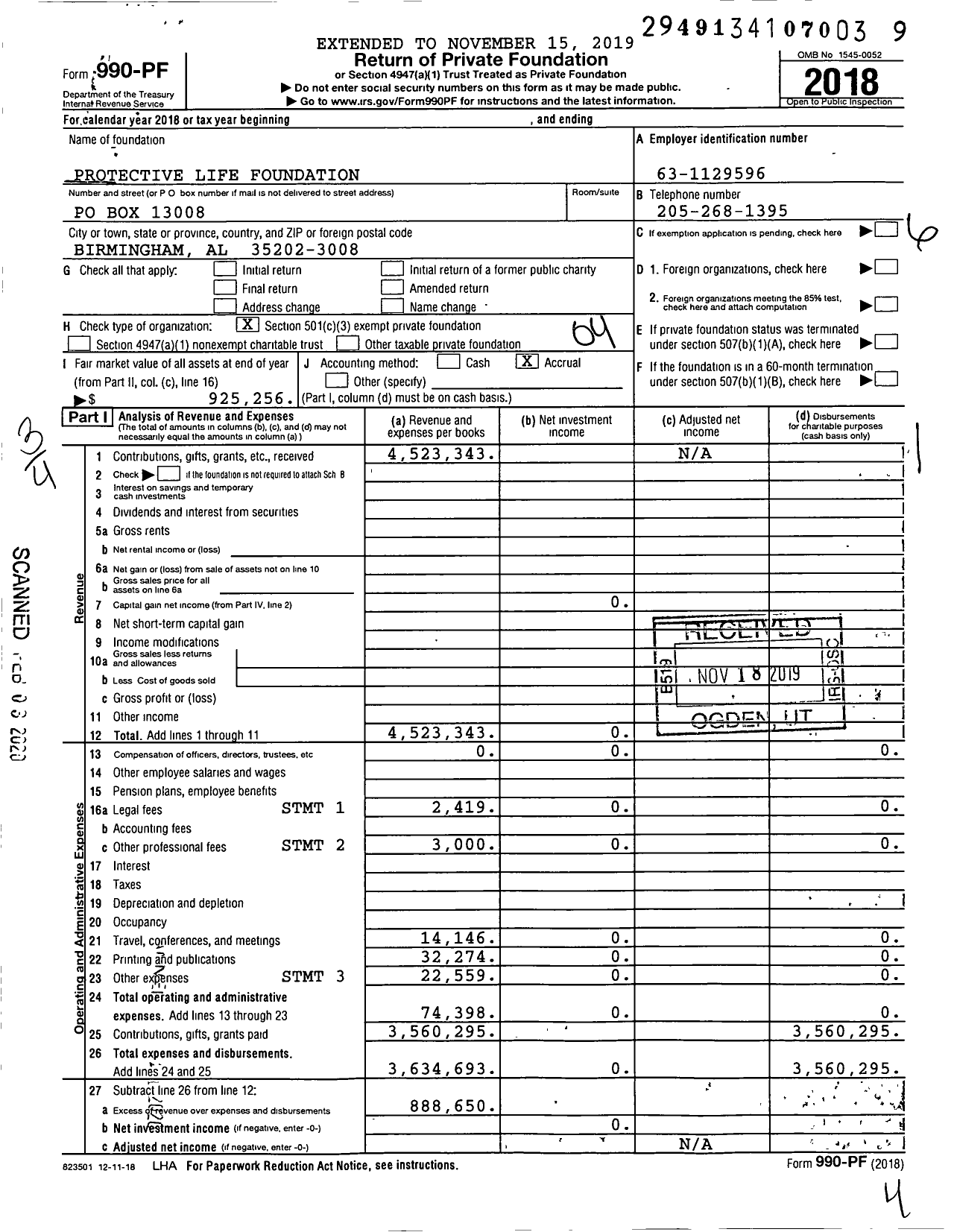 Image of first page of 2018 Form 990PF for Protective Life Foundation