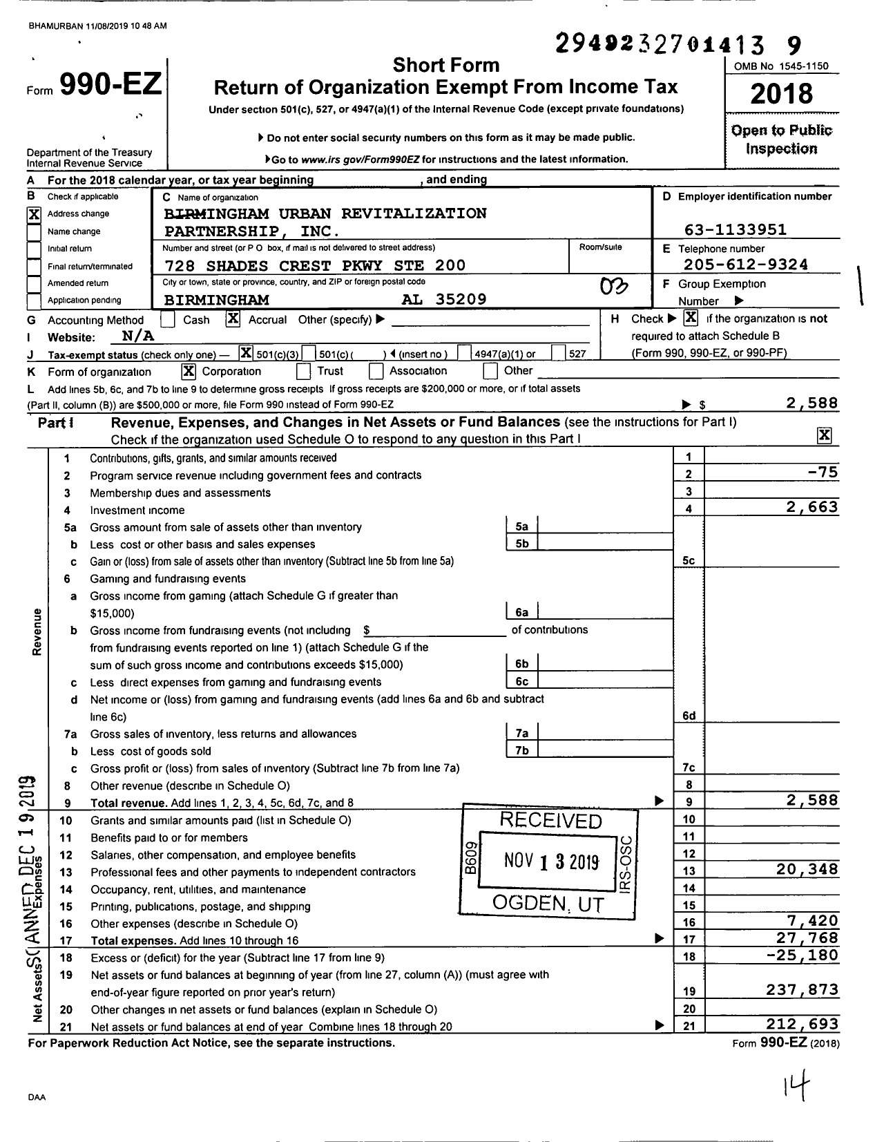 Image of first page of 2018 Form 990EZ for Birmingham Urban Revitalization Partnership