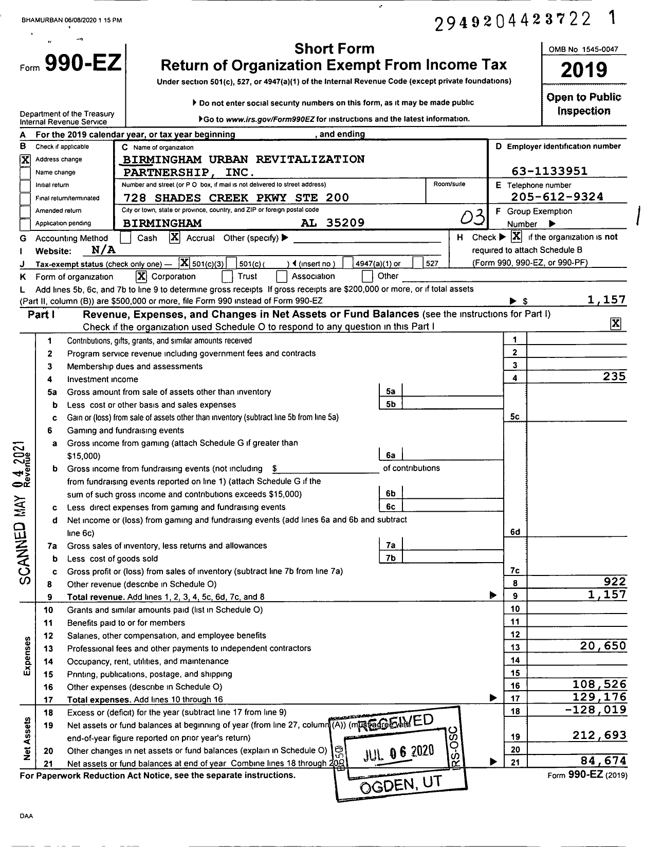 Image of first page of 2019 Form 990EZ for Birmingham Urban Revitalization Partnership