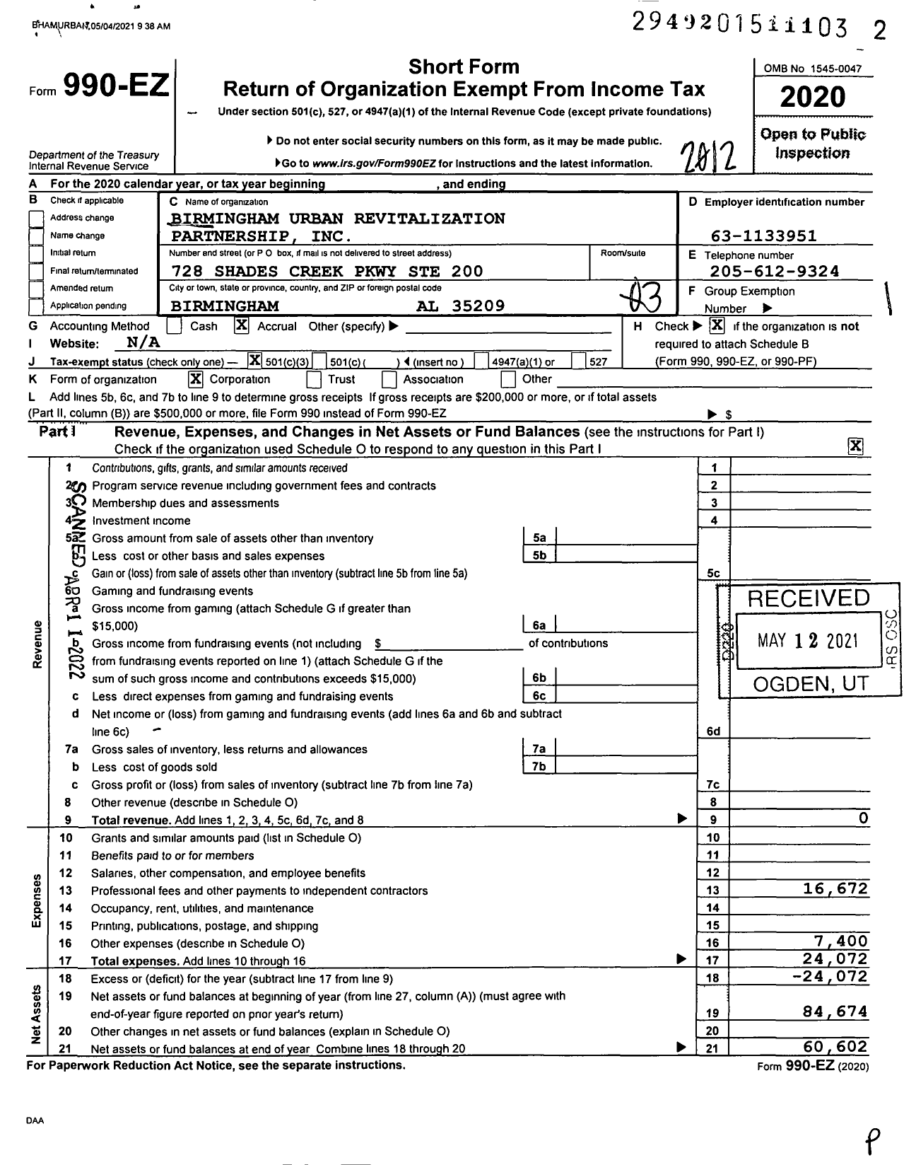 Image of first page of 2020 Form 990EZ for Birmingham Urban Revitalization Partnership