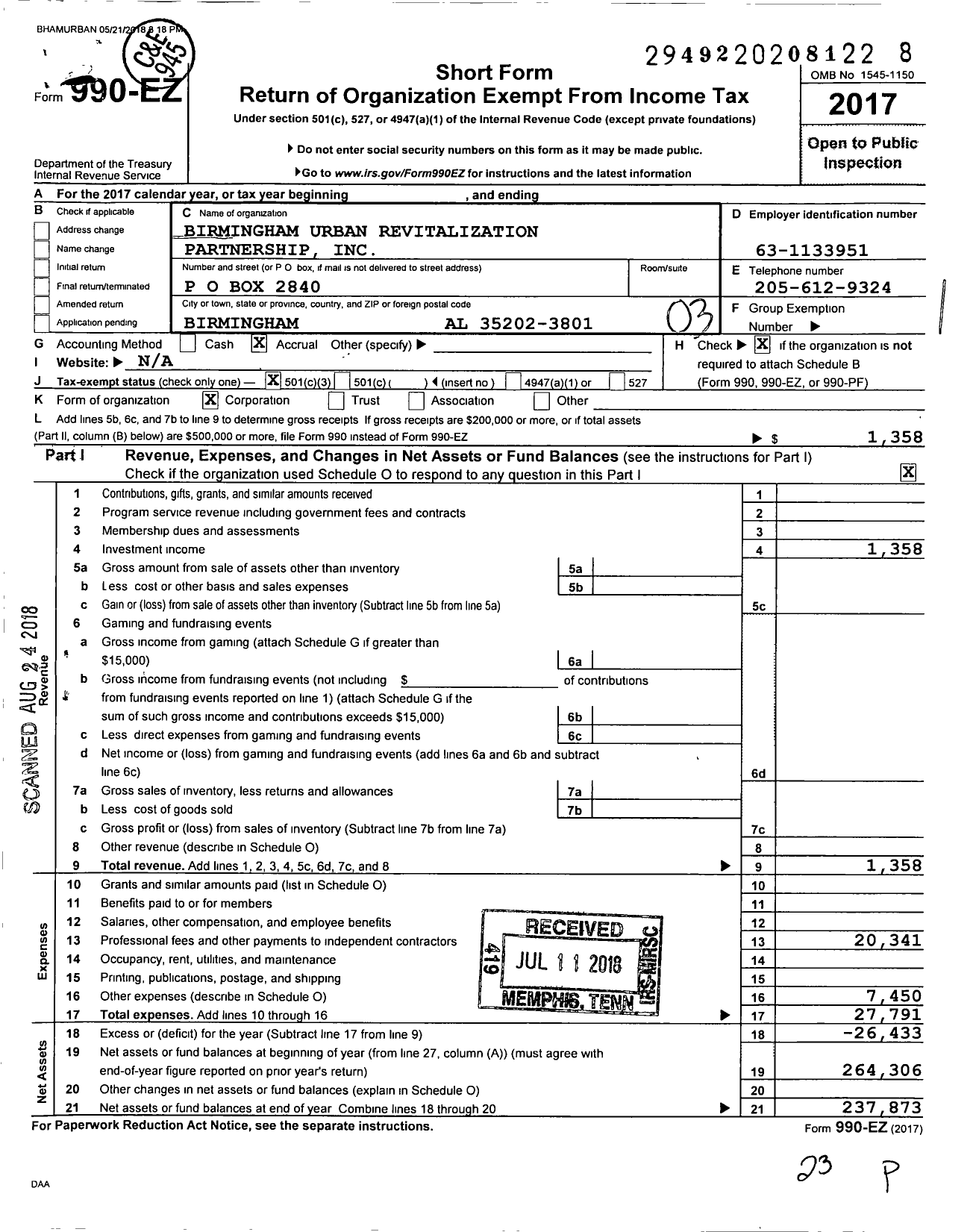 Image of first page of 2017 Form 990EZ for Birmingham Urban Revitalization Partnership