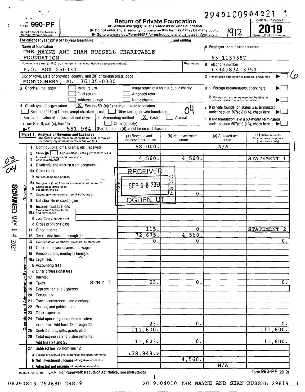 Image of first page of 2019 Form 990PF for The Wayne and Shan Russell Charitable Foundation