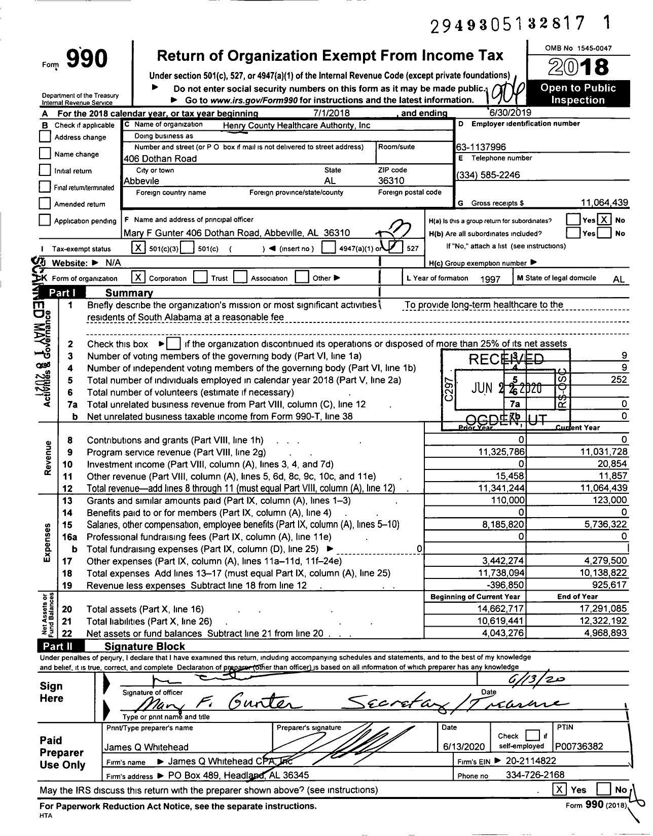 Image of first page of 2018 Form 990 for Henry County Healthcare Authority