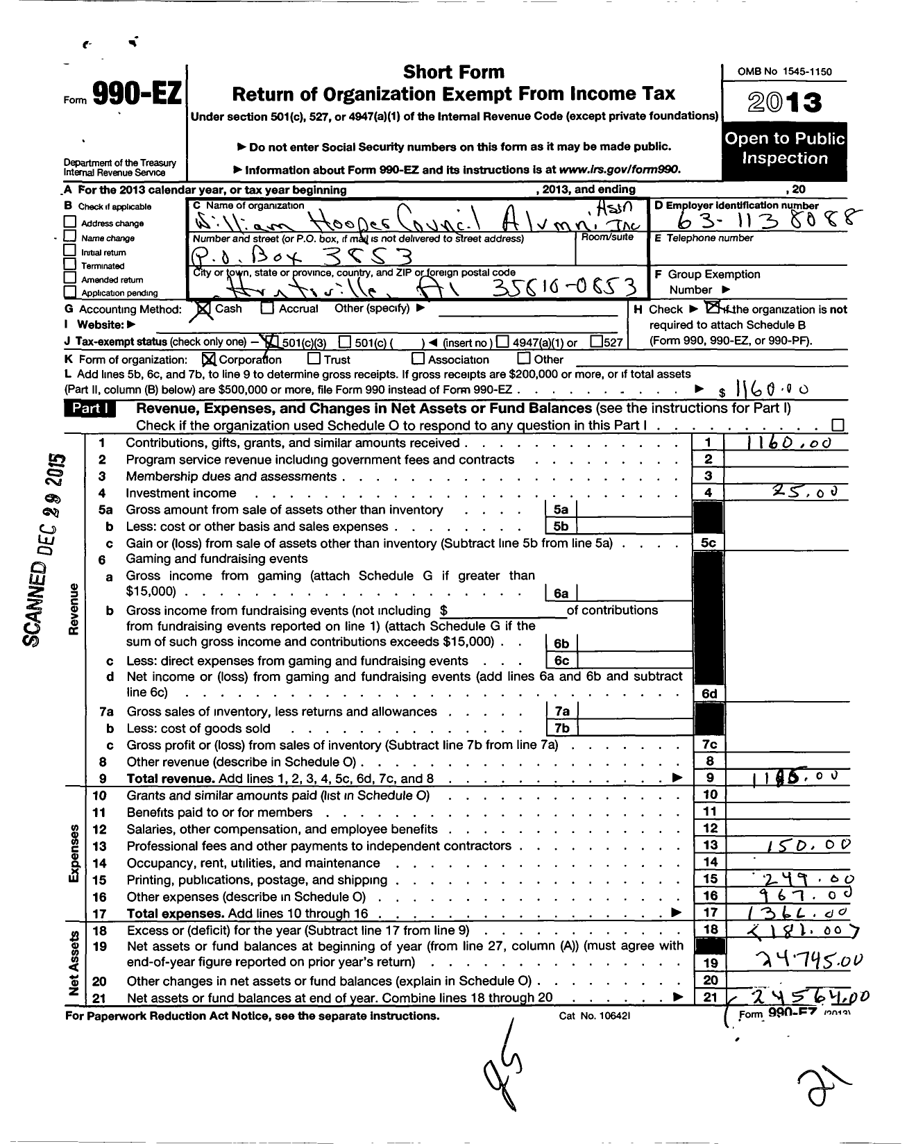 Image of first page of 2013 Form 990EZ for William Hooper Council Alumni Association