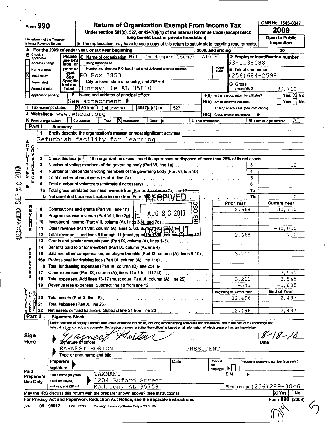 Image of first page of 2009 Form 990 for William Hooper Council Alumni Association