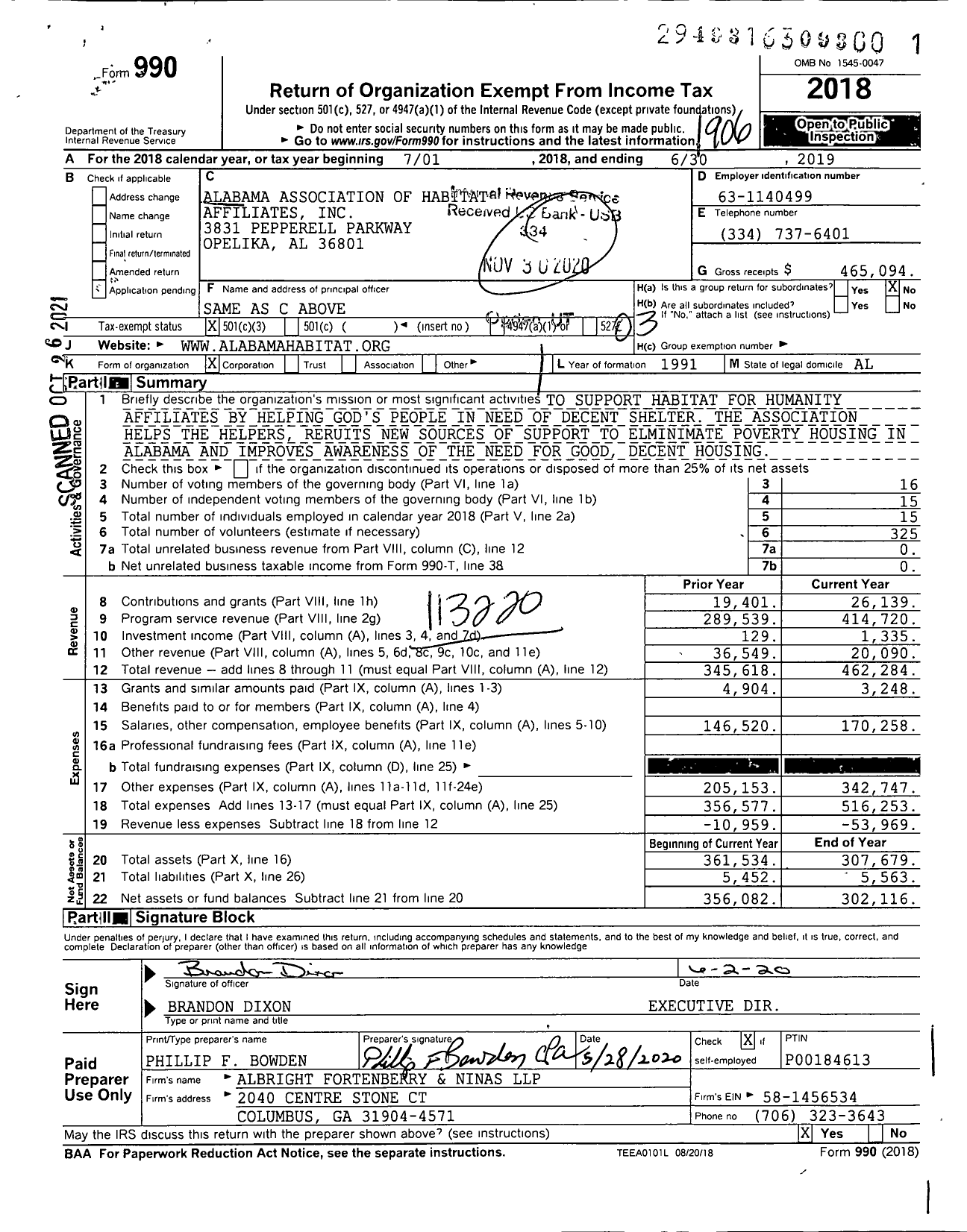 Image of first page of 2018 Form 990 for Habitat for Humanity - Alabama Assoc of Habitat Affiliates