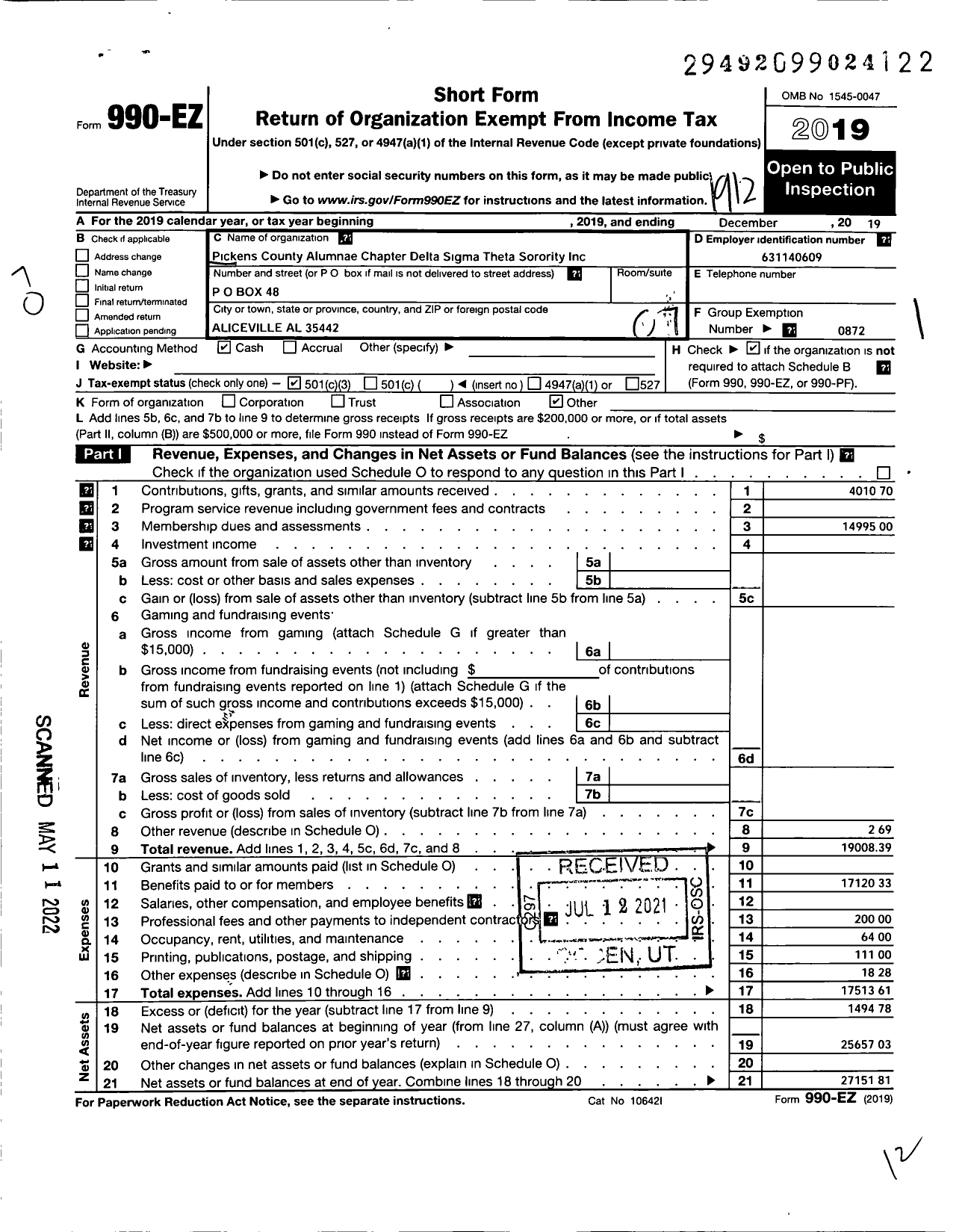 Image of first page of 2019 Form 990EO for Pickens County Alumnae Chapter Delta Sigma Theta Sorority