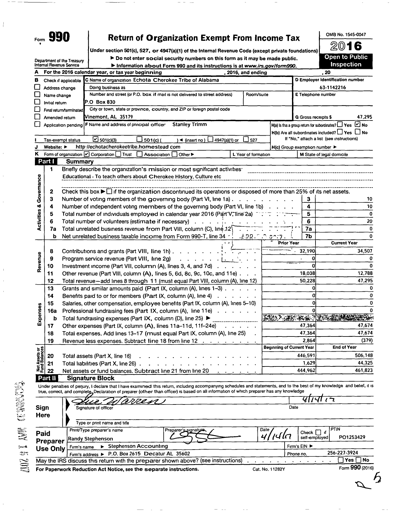 Image of first page of 2016 Form 990 for Echota Cherokee Tribe of Alabama