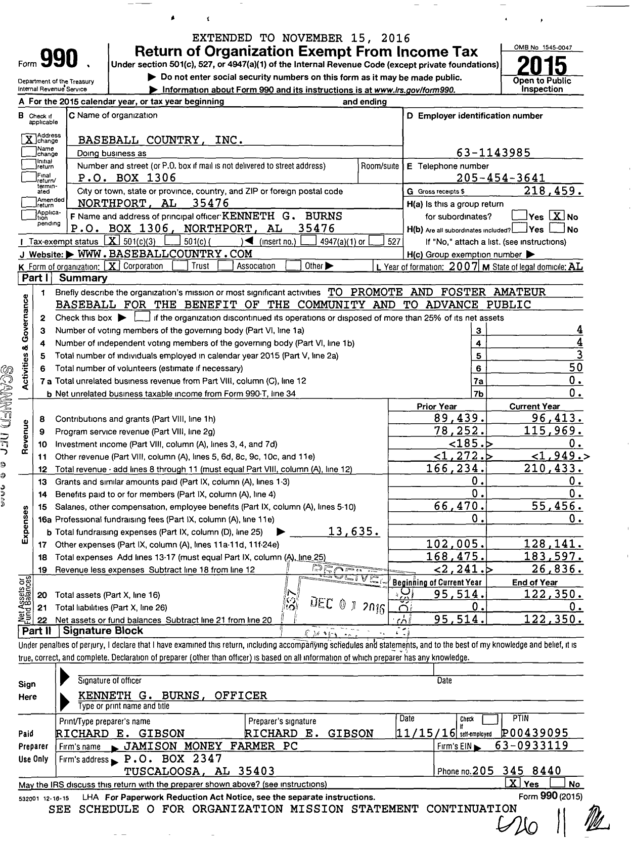 Image of first page of 2015 Form 990 for Baseball Country