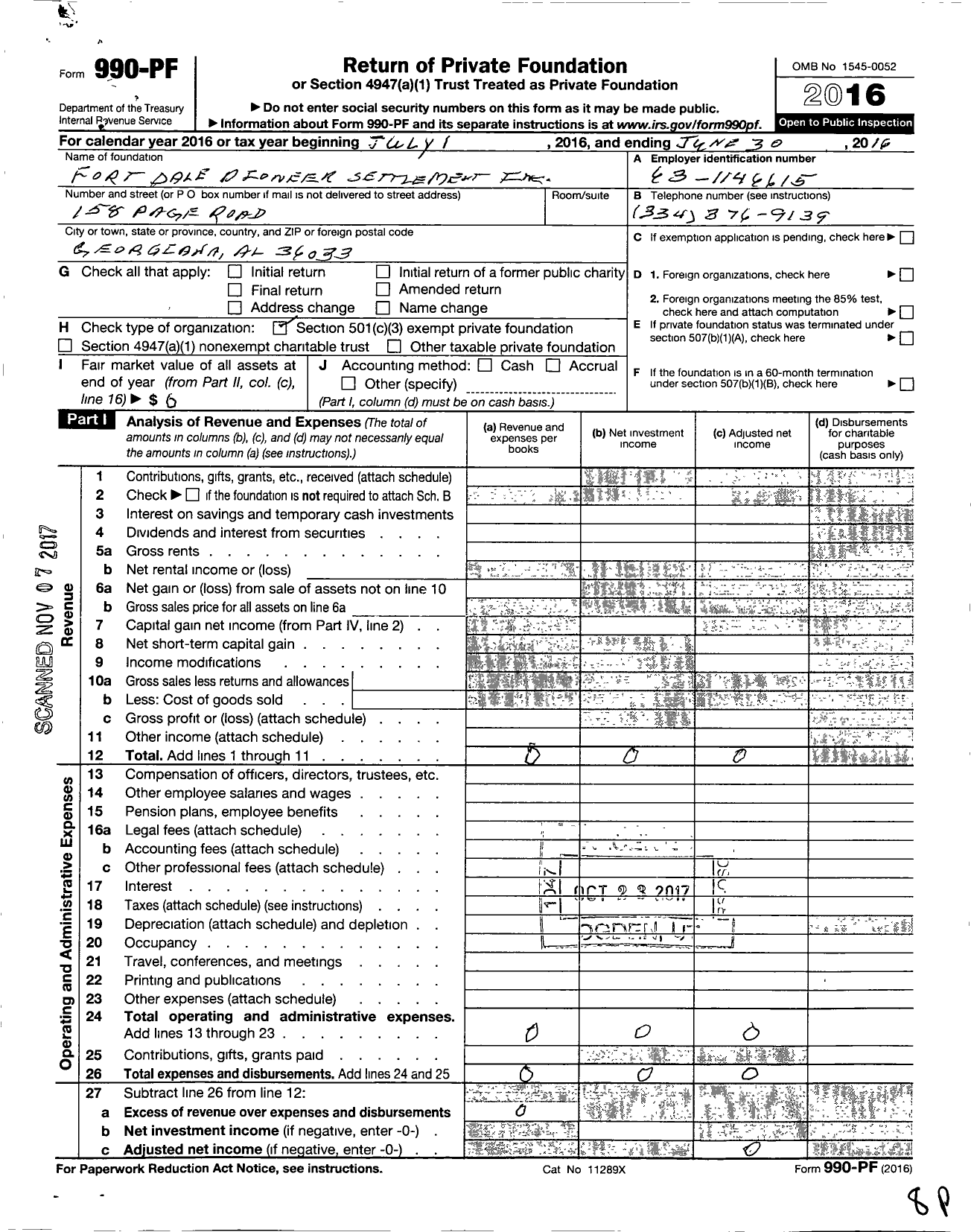 Image of first page of 2015 Form 990PF for Fort Dale Pioneer Settlement