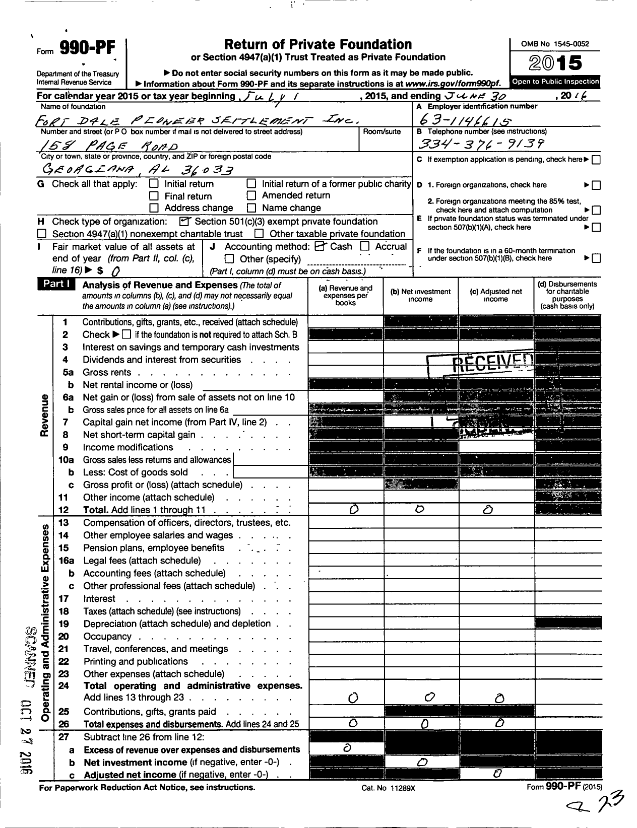 Image of first page of 2015 Form 990PF for Fort Dale Pioneer Settlement