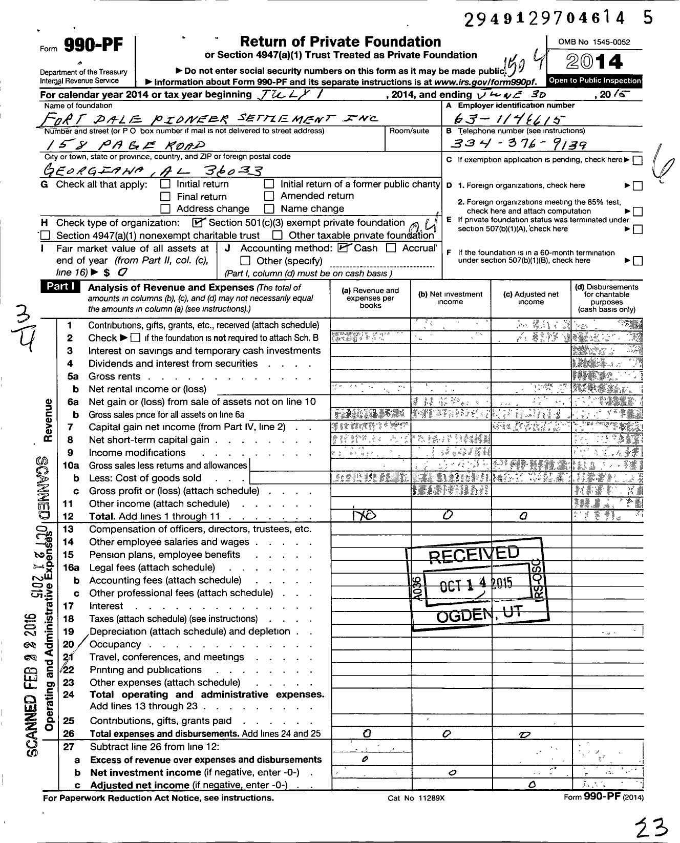 Image of first page of 2014 Form 990PF for Fort Dale Pioneer Settlement