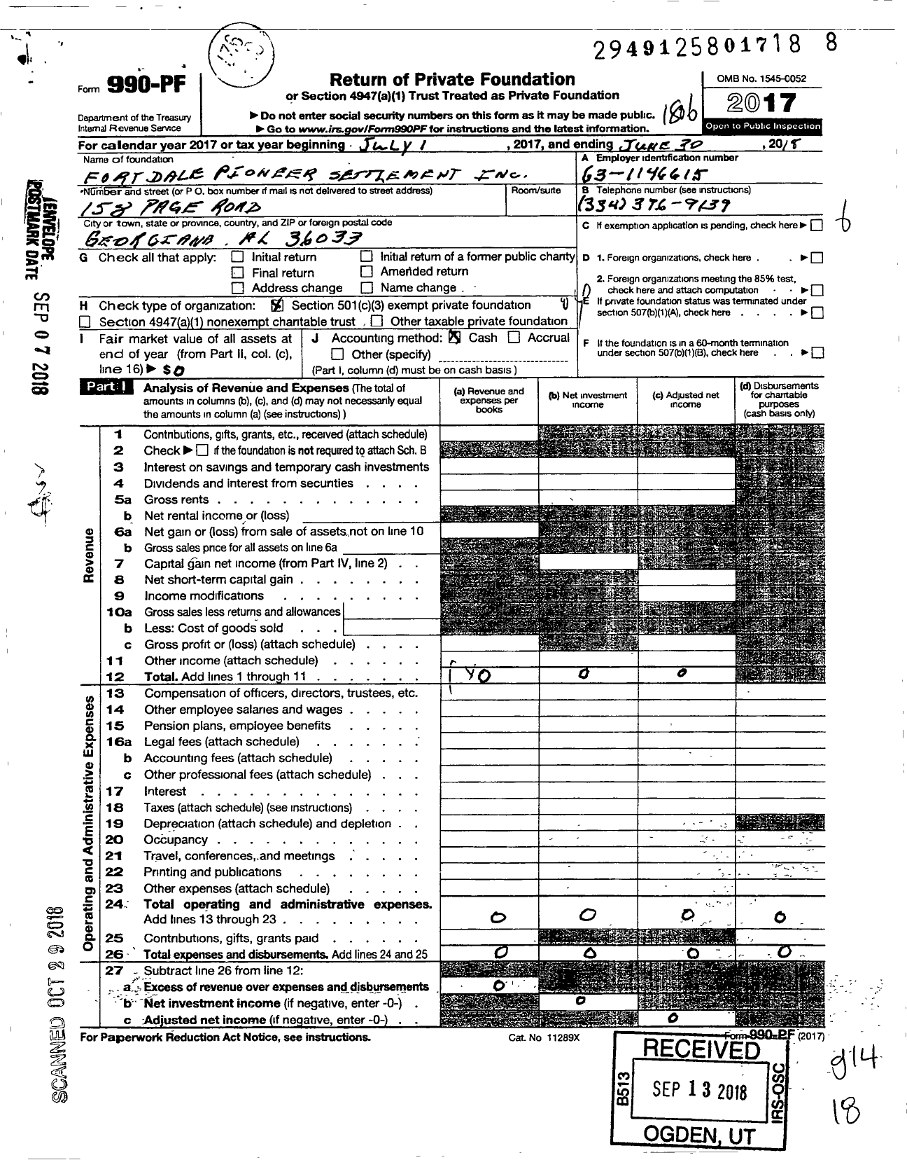 Image of first page of 2017 Form 990PF for Fort Dale Pioneer Settlement