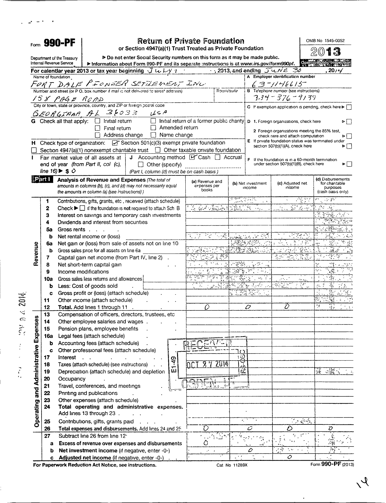 Image of first page of 2013 Form 990PF for Fort Dale Pioneer Settlement