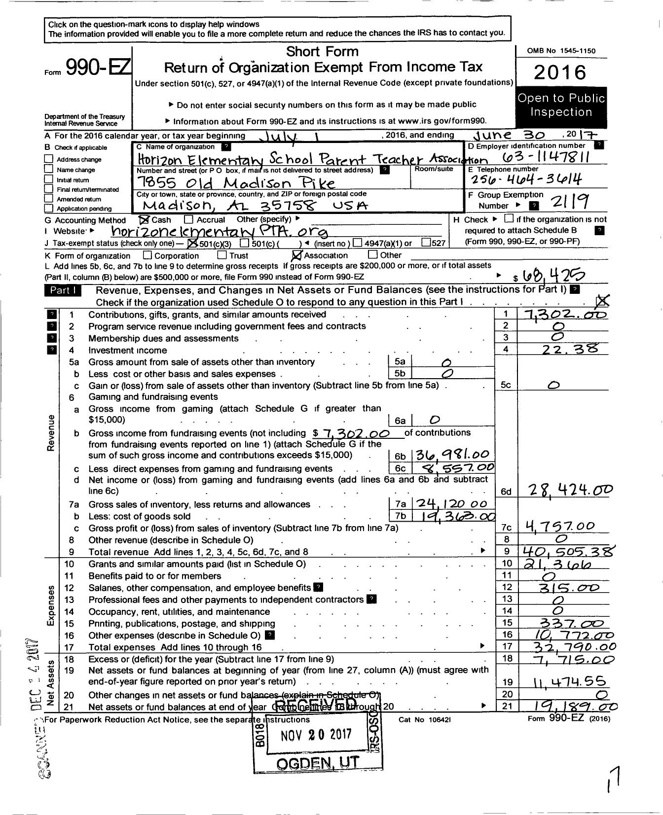 Image of first page of 2016 Form 990EZ for Horizon Elementary PTA