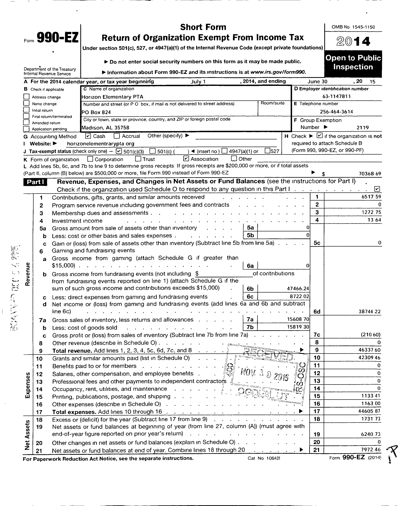 Image of first page of 2014 Form 990EZ for Horizon Elementary PTA