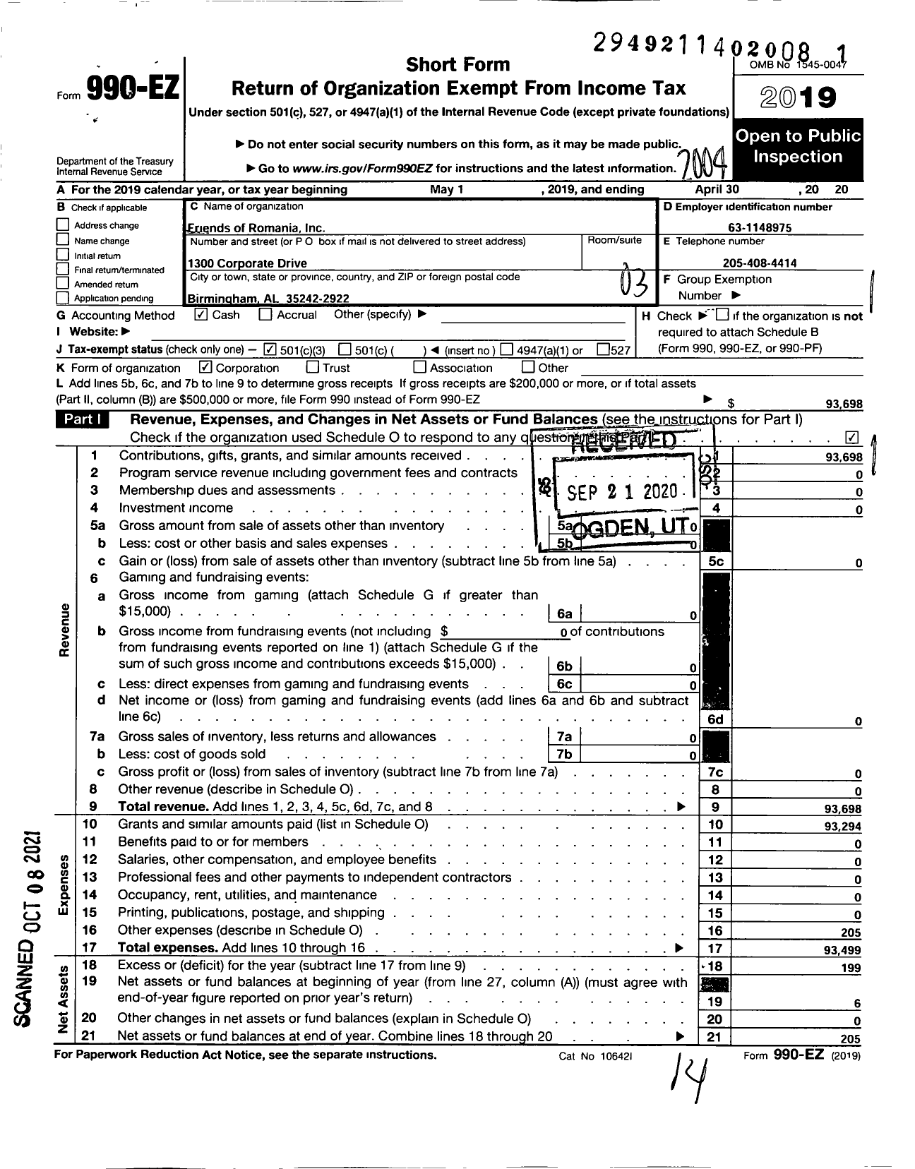 Image of first page of 2019 Form 990EZ for Friends of Romania