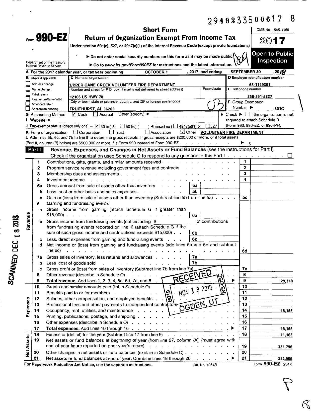 Image of first page of 2017 Form 990EZ for Upper Cane Creek Volunteer Fire Department