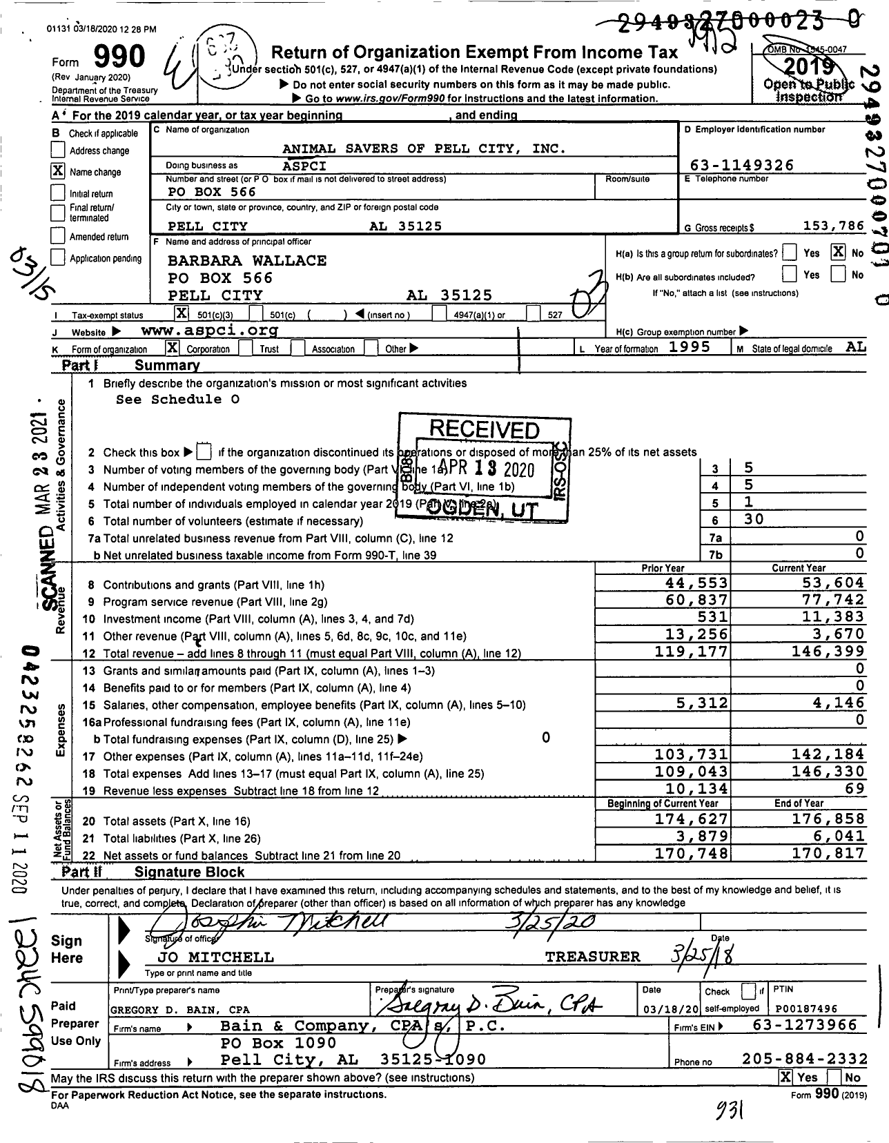 Image of first page of 2018 Form 990 for Animal Shelter of Pell City (ASPCI)