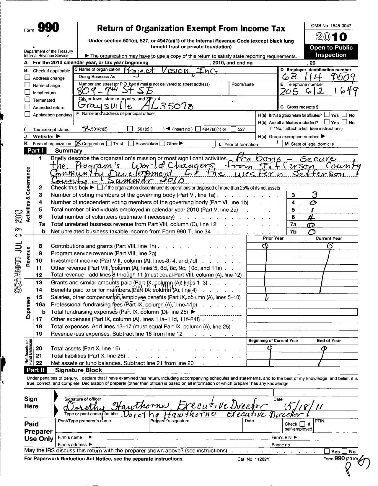 Image of first page of 2010 Form 990 for Vision Tweneyone V-21