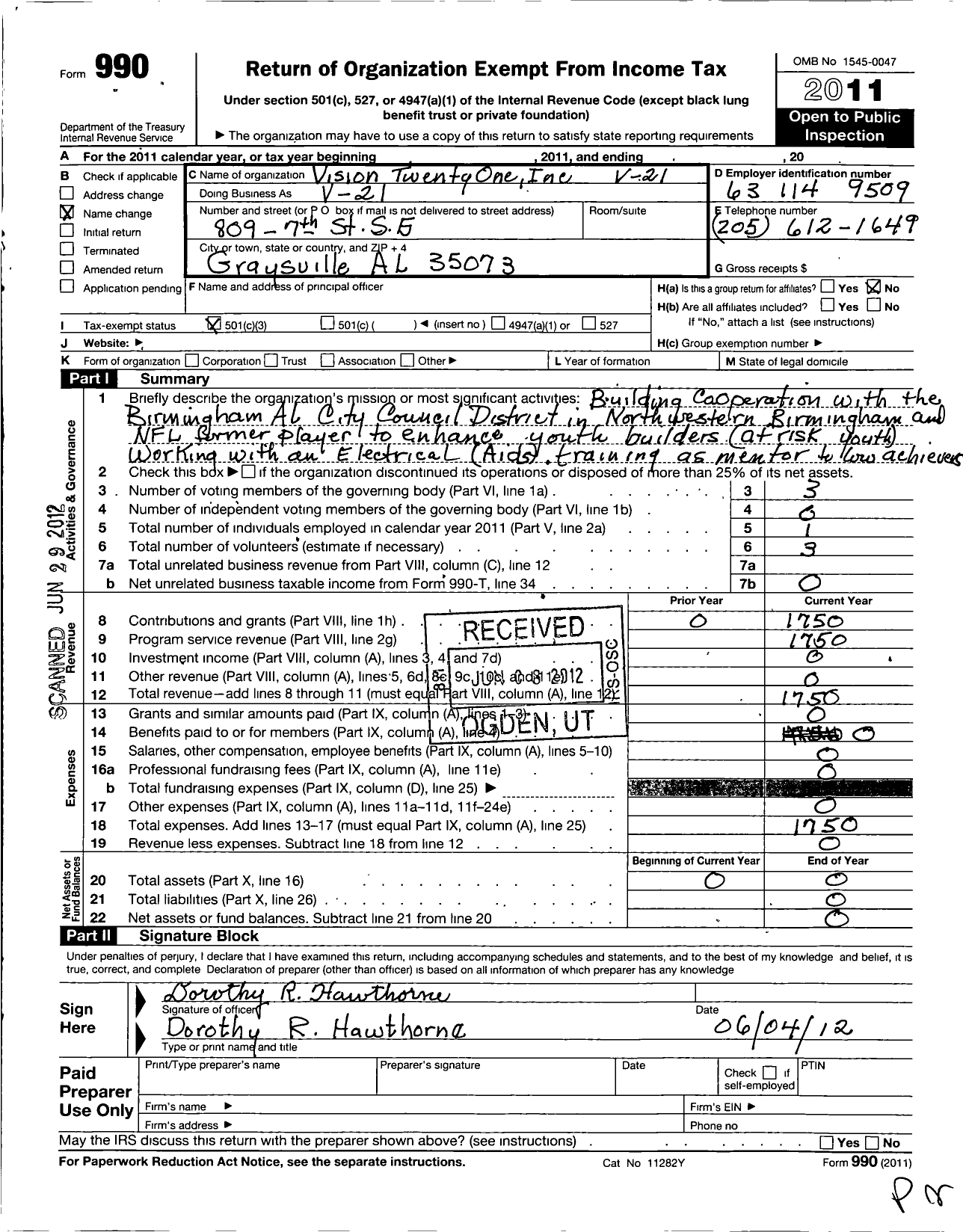 Image of first page of 2011 Form 990 for Vision Tweneyone V-21