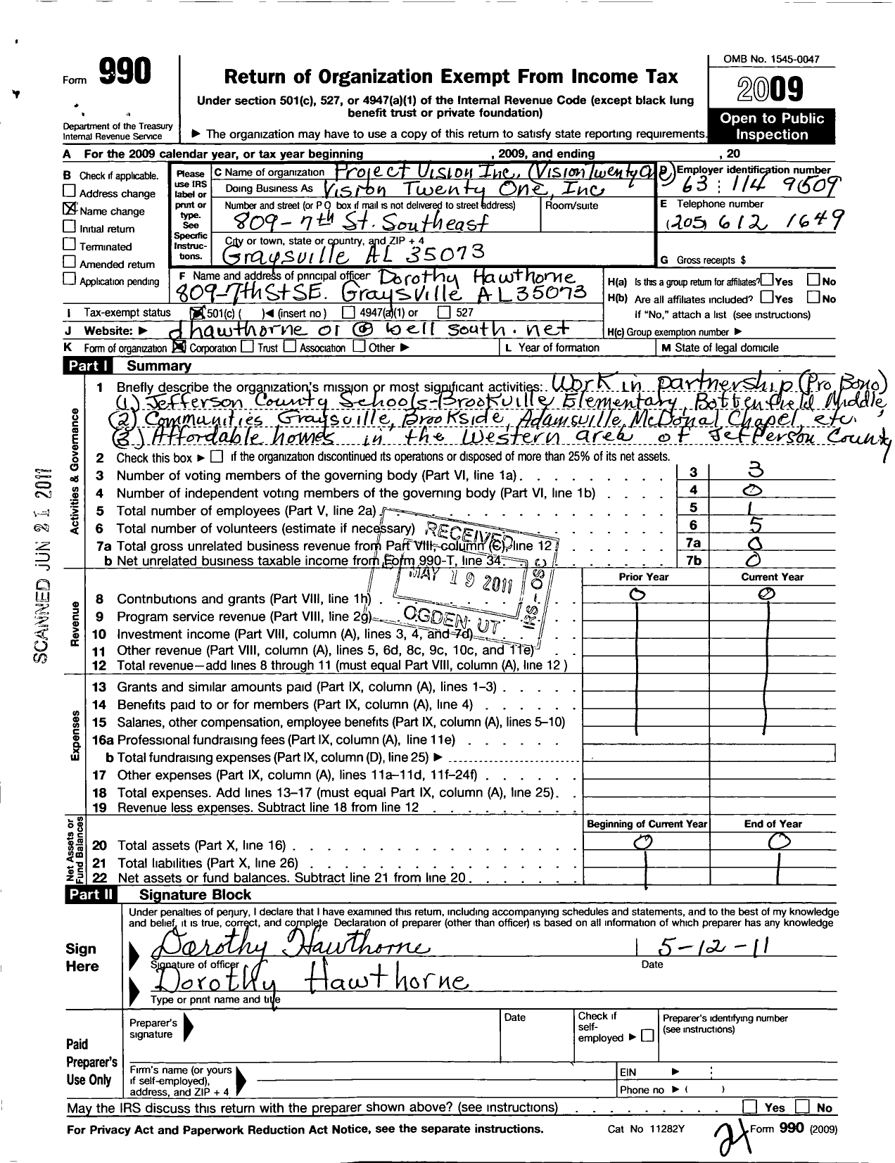 Image of first page of 2009 Form 990O for Vision Tweneyone V-21