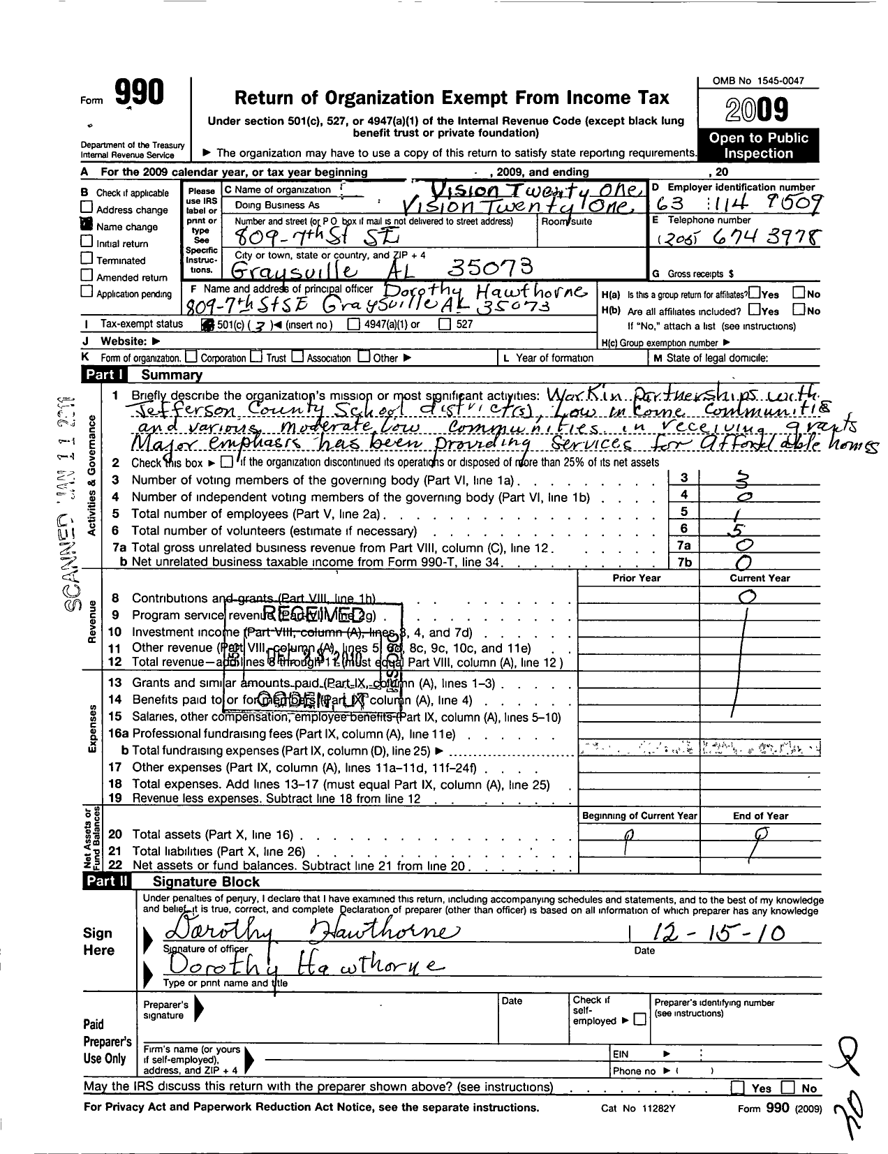 Image of first page of 2009 Form 990 for Vision Tweneyone V-21