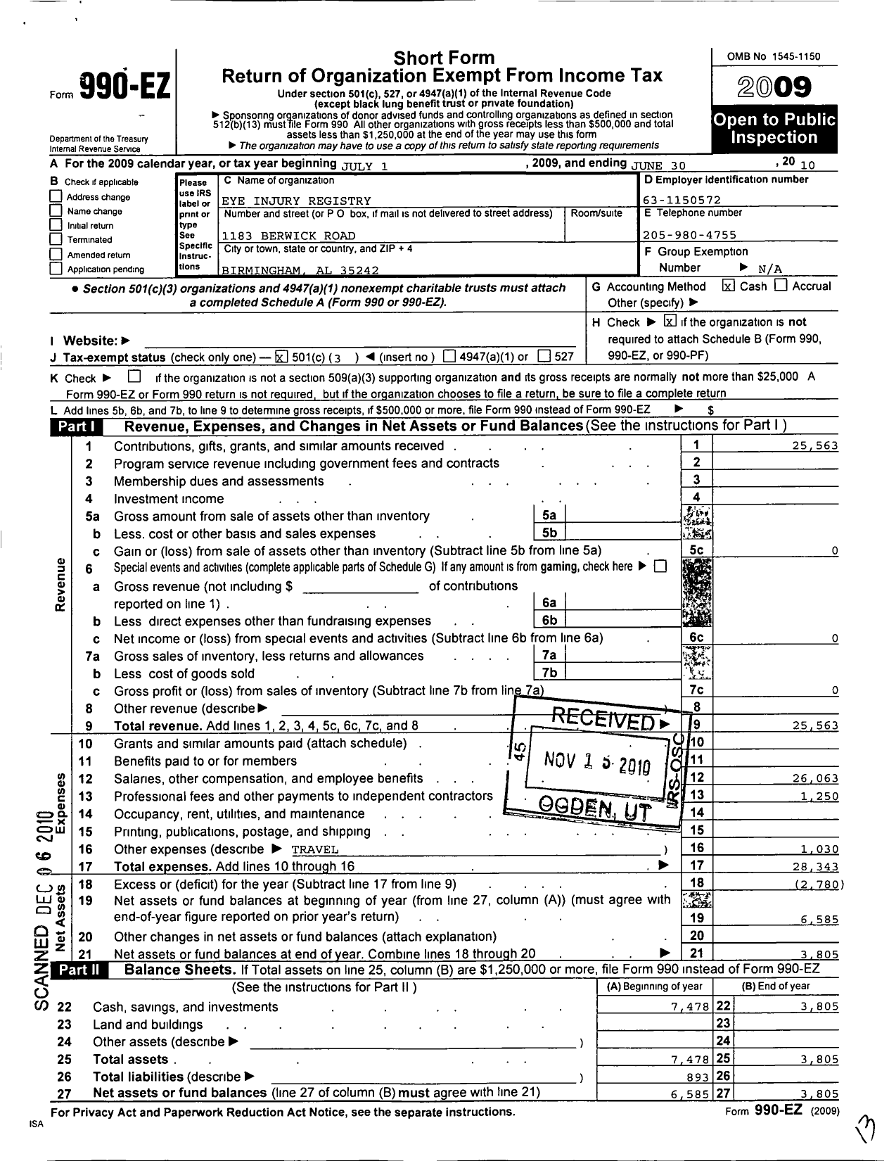 Image of first page of 2009 Form 990EZ for Eye Injury Registry of Alabama