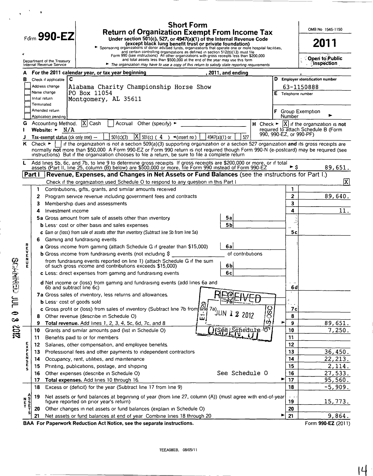 Image of first page of 2011 Form 990EO for Alabama Charity Championship Horse Show