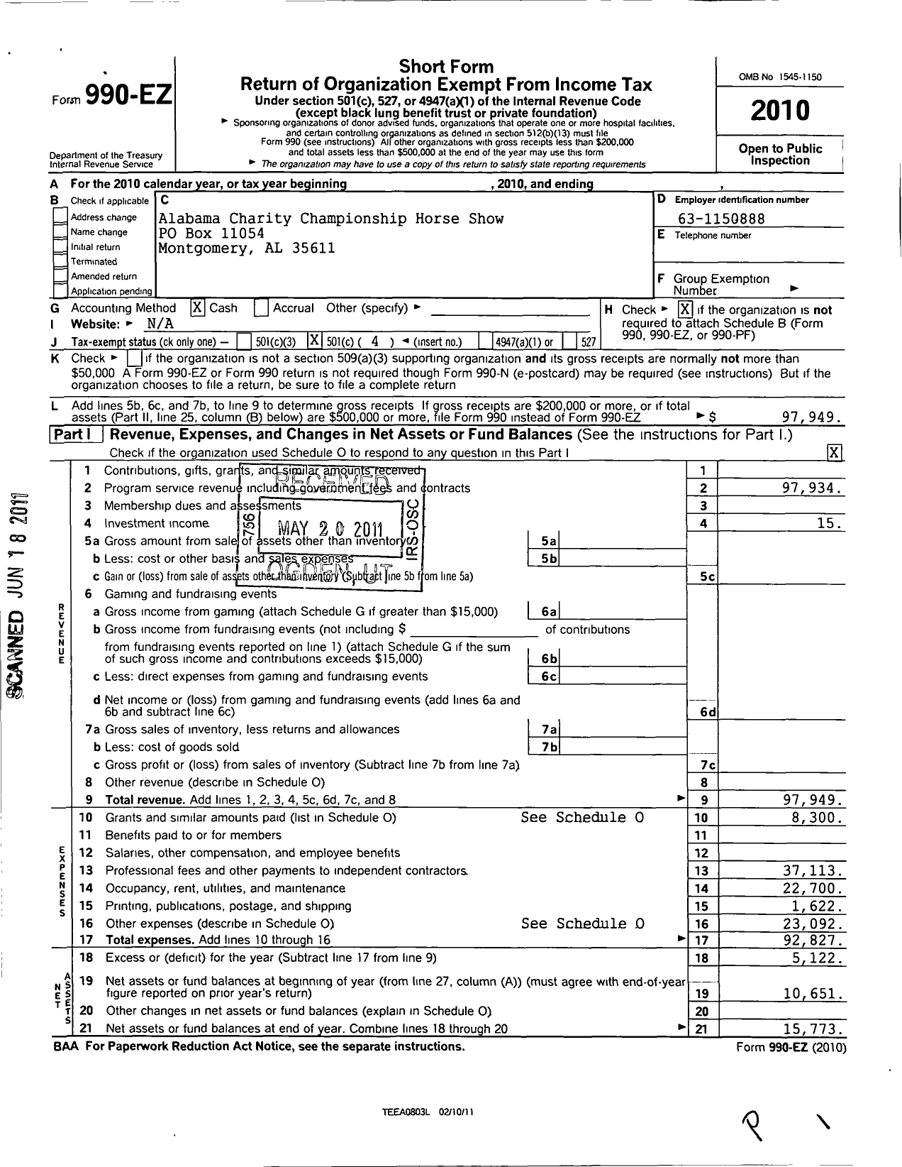 Image of first page of 2010 Form 990EO for Alabama Charity Championship Horse Show