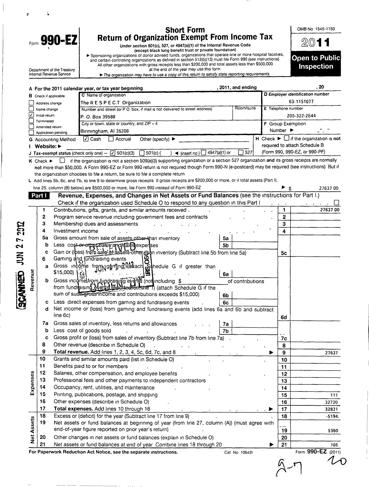 Image of first page of 2011 Form 990EZ for The Respect Organization