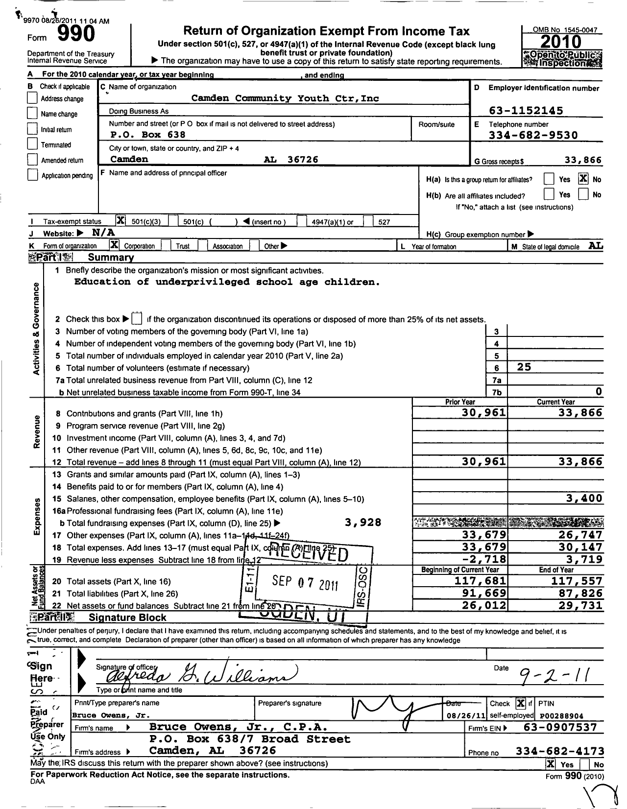 Image of first page of 2010 Form 990 for Camden Community Youth Center