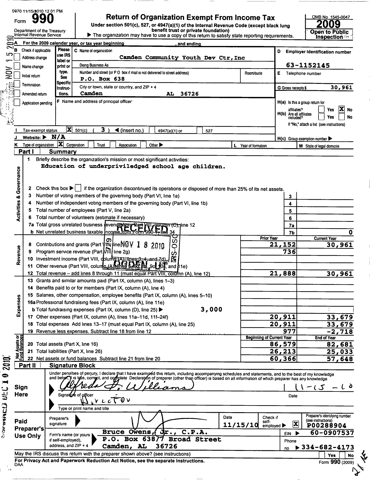 Image of first page of 2009 Form 990 for Camden Community Youth Center