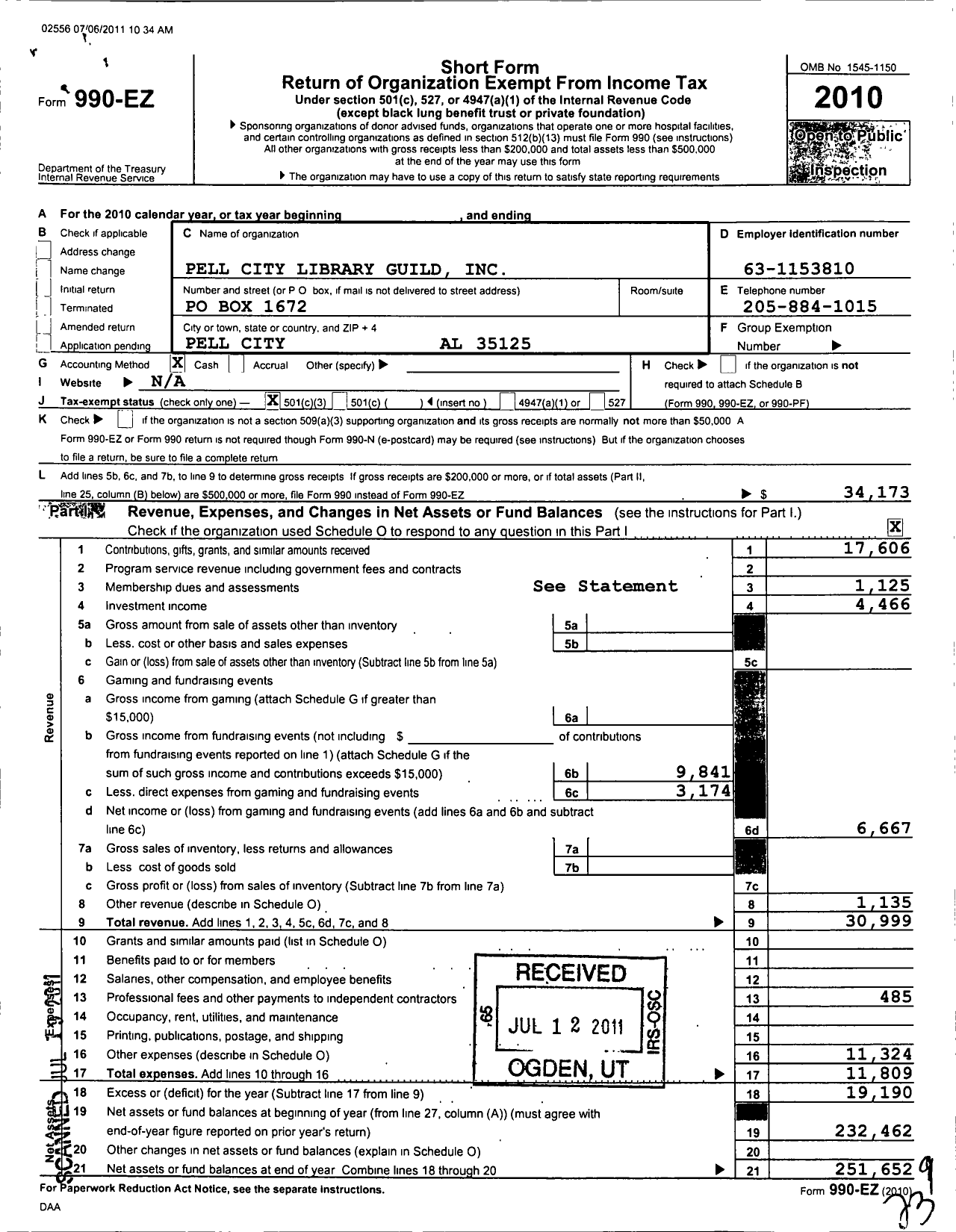 Image of first page of 2010 Form 990EZ for Pell City Library Guild