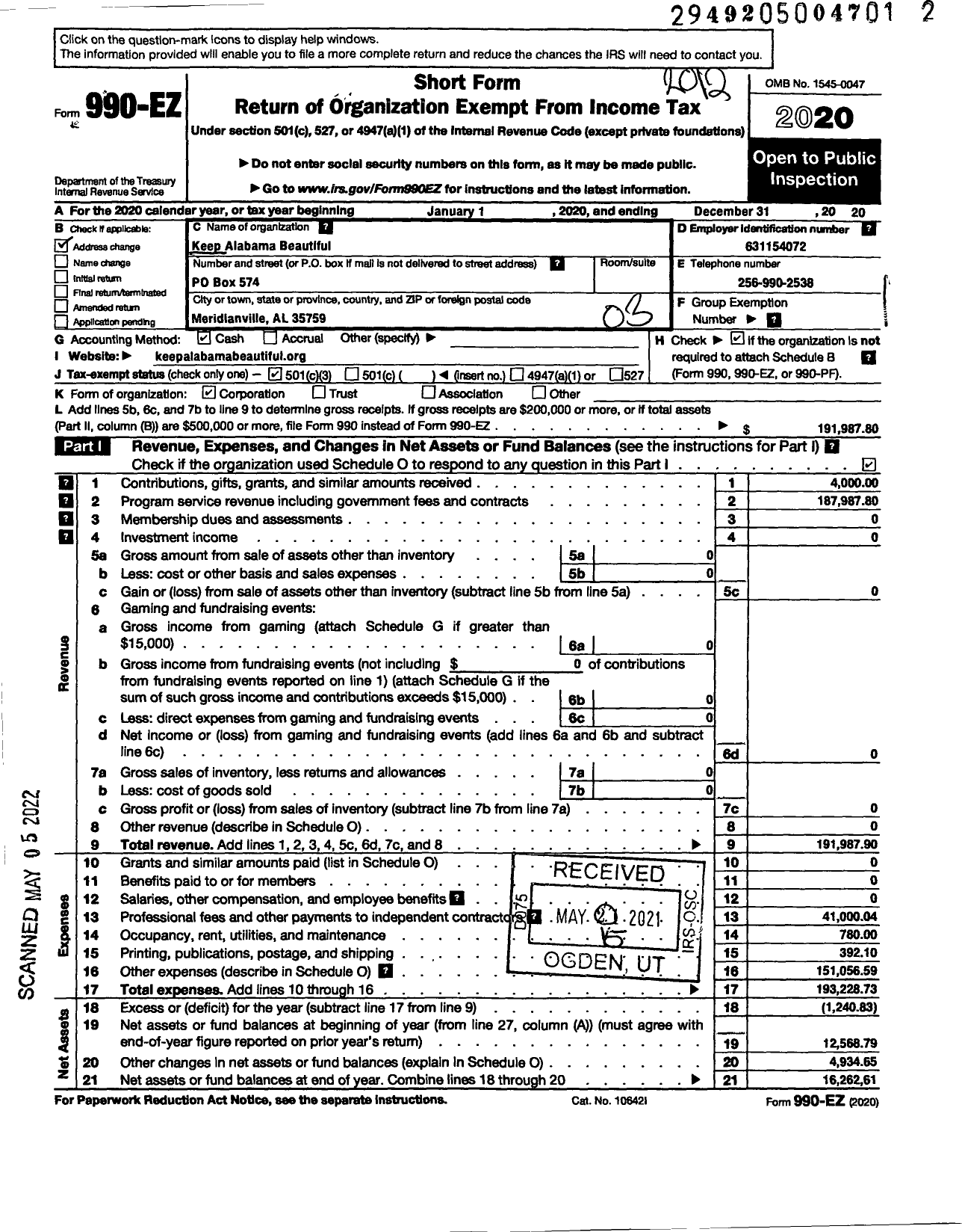 Image of first page of 2020 Form 990EZ for Keep Alabama Beautiful