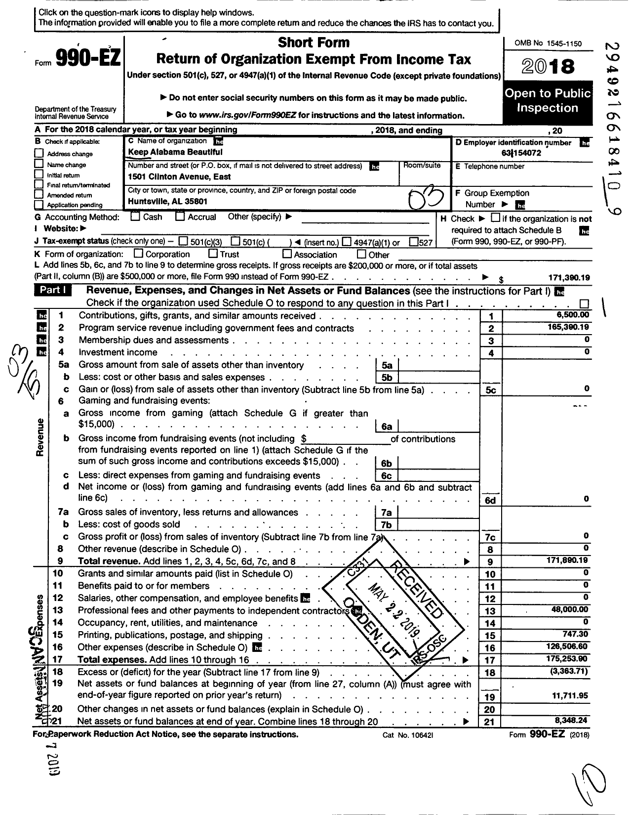 Image of first page of 2018 Form 990EZ for Keep Alabama Beautiful