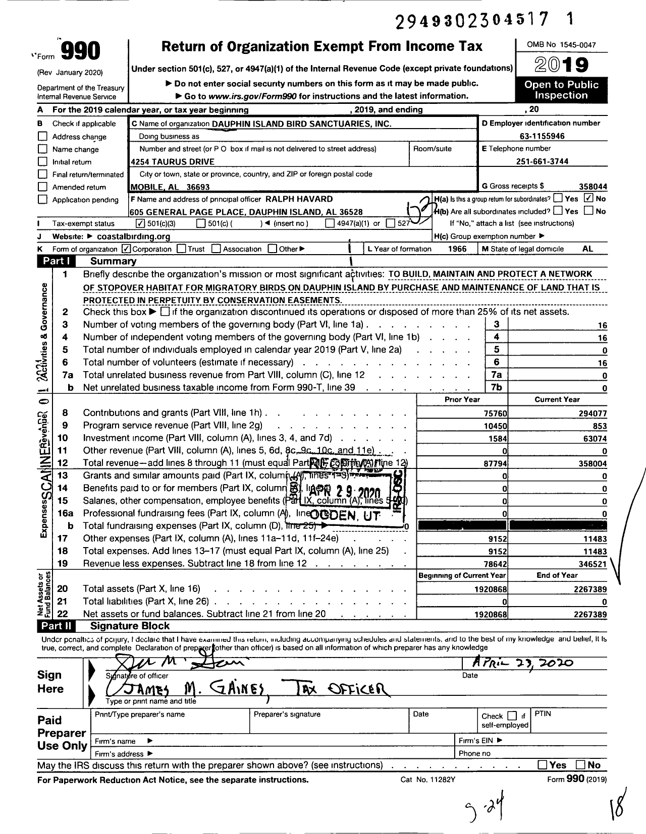 Image of first page of 2019 Form 990 for Dauphin Island Bird Sanctuaries