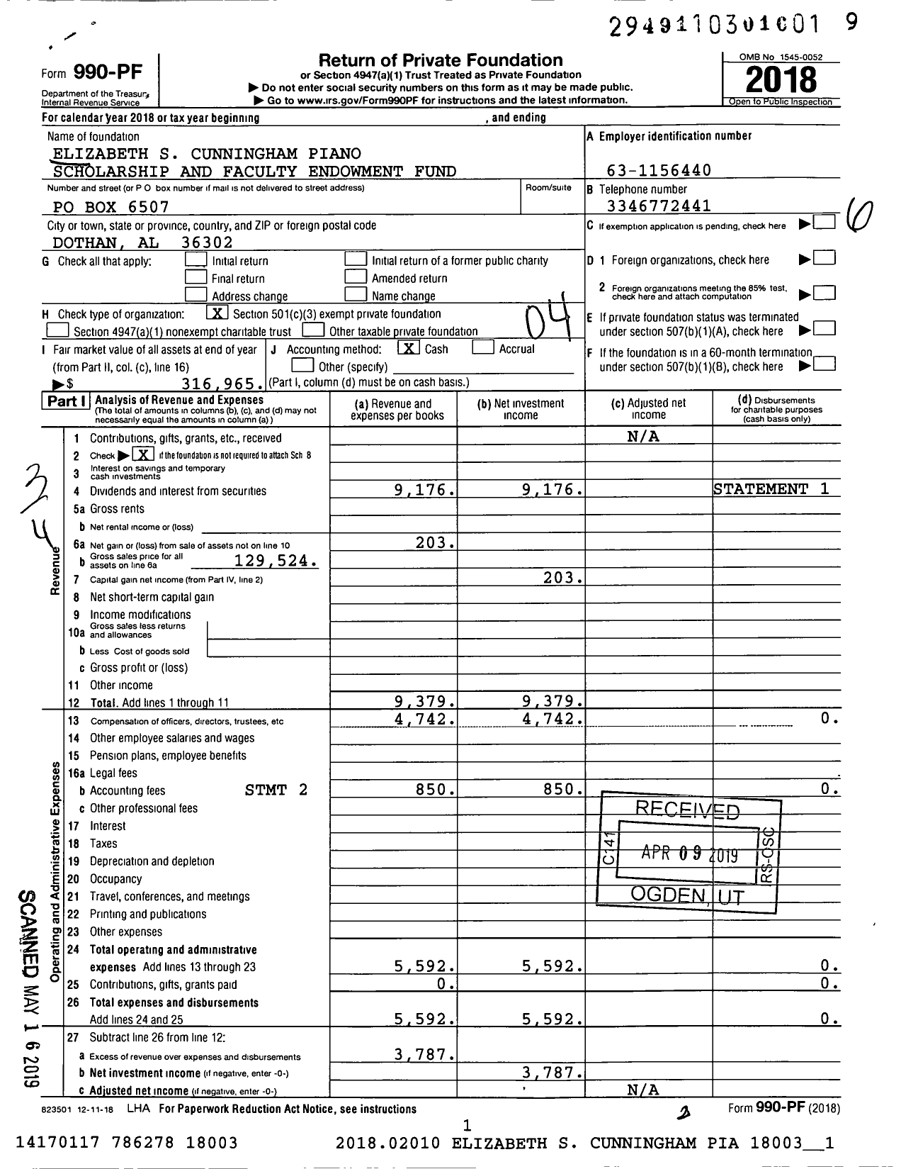 Image of first page of 2018 Form 990PF for ELIZABETH S CUNNINGHAM PIANO SCHOLarship AND FACULTY ENDOWMENT Fund