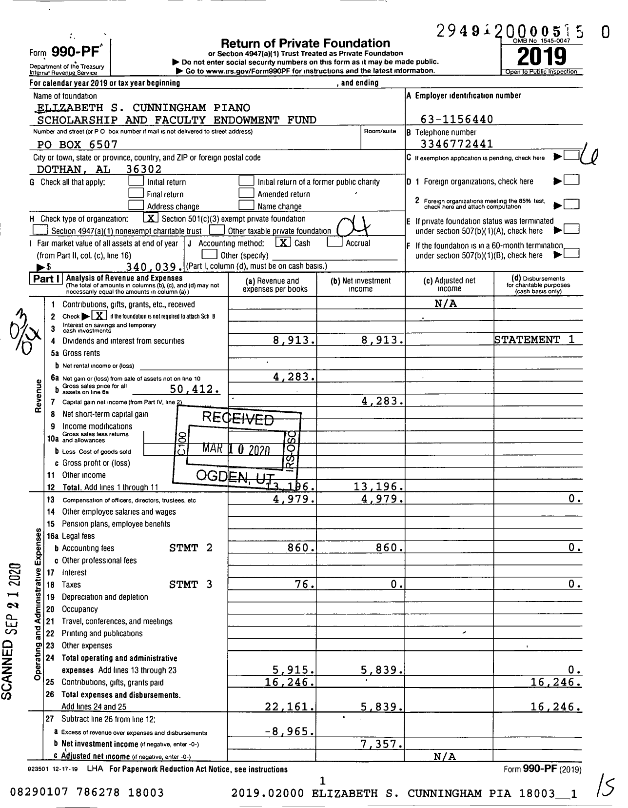 Image of first page of 2019 Form 990PR for ELIZABETH S CUNNINGHAM PIANO SCHOLarship AND FACULTY ENDOWMENT Fund