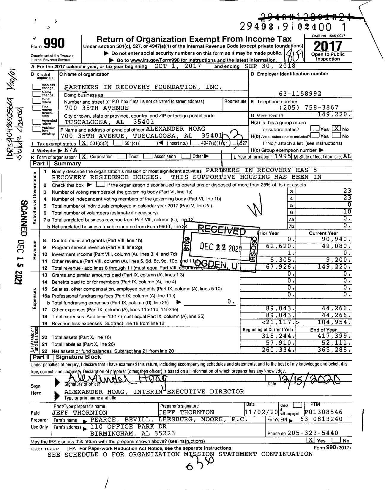 Image of first page of 2017 Form 990 for Partners in Recovery