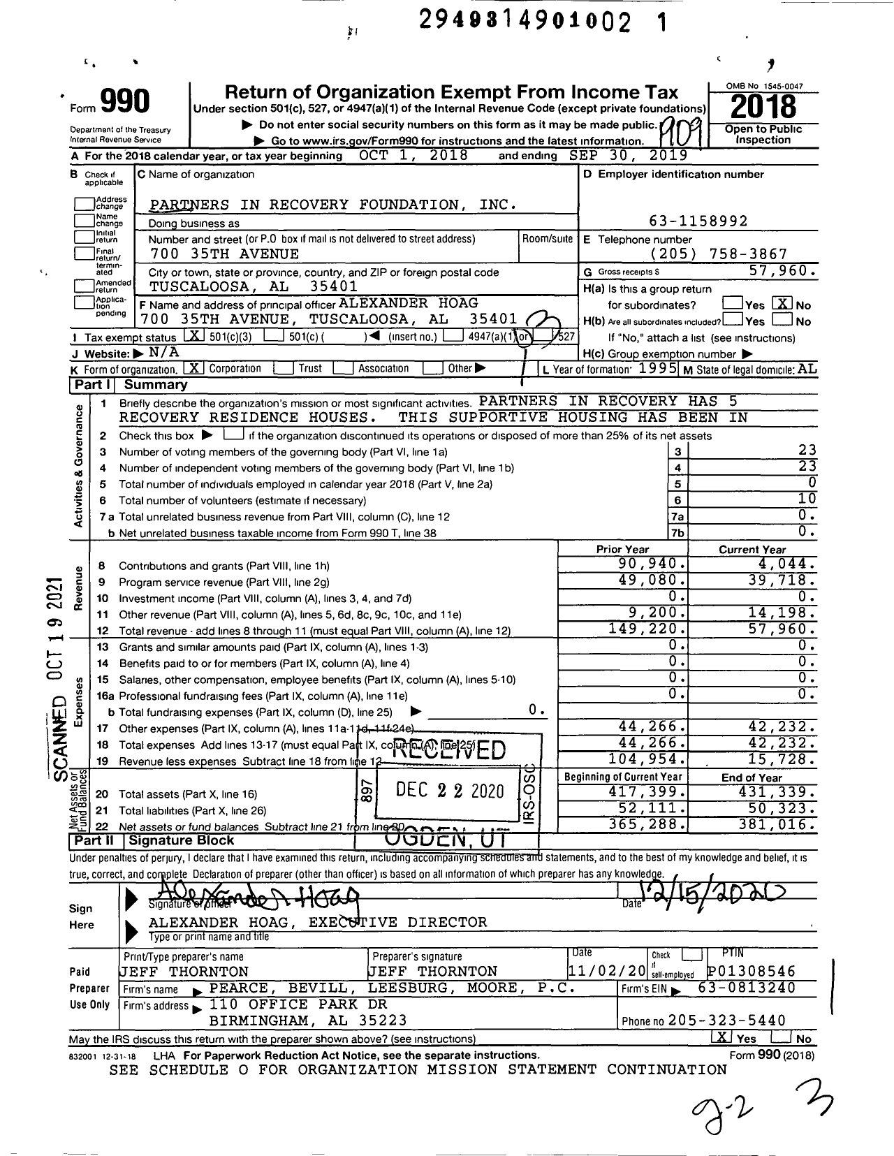 Image of first page of 2018 Form 990 for Partners in Recovery