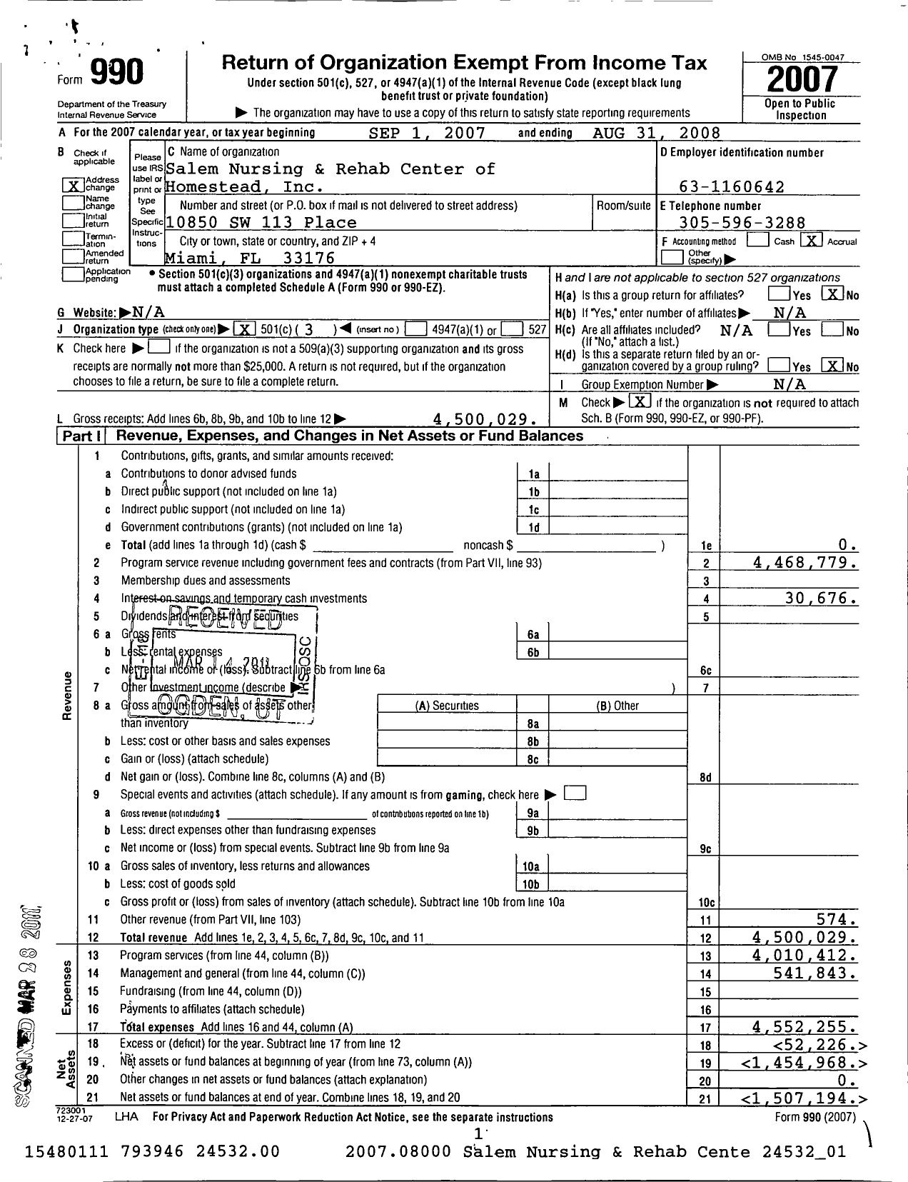 Image of first page of 2007 Form 990 for Salem Nursing and Rehab Center of Homestead
