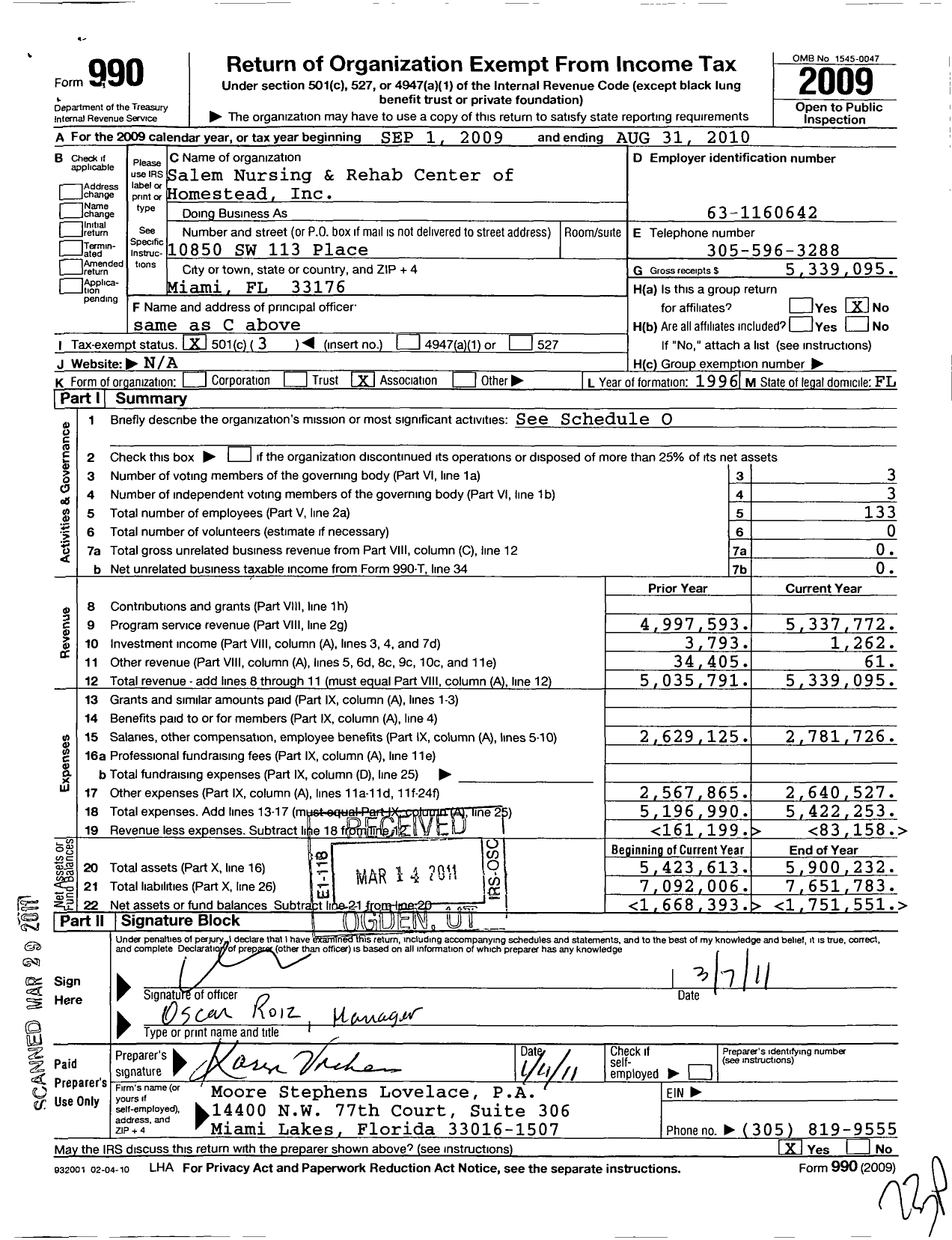 Image of first page of 2009 Form 990 for Salem Nursing and Rehab Center of Homestead