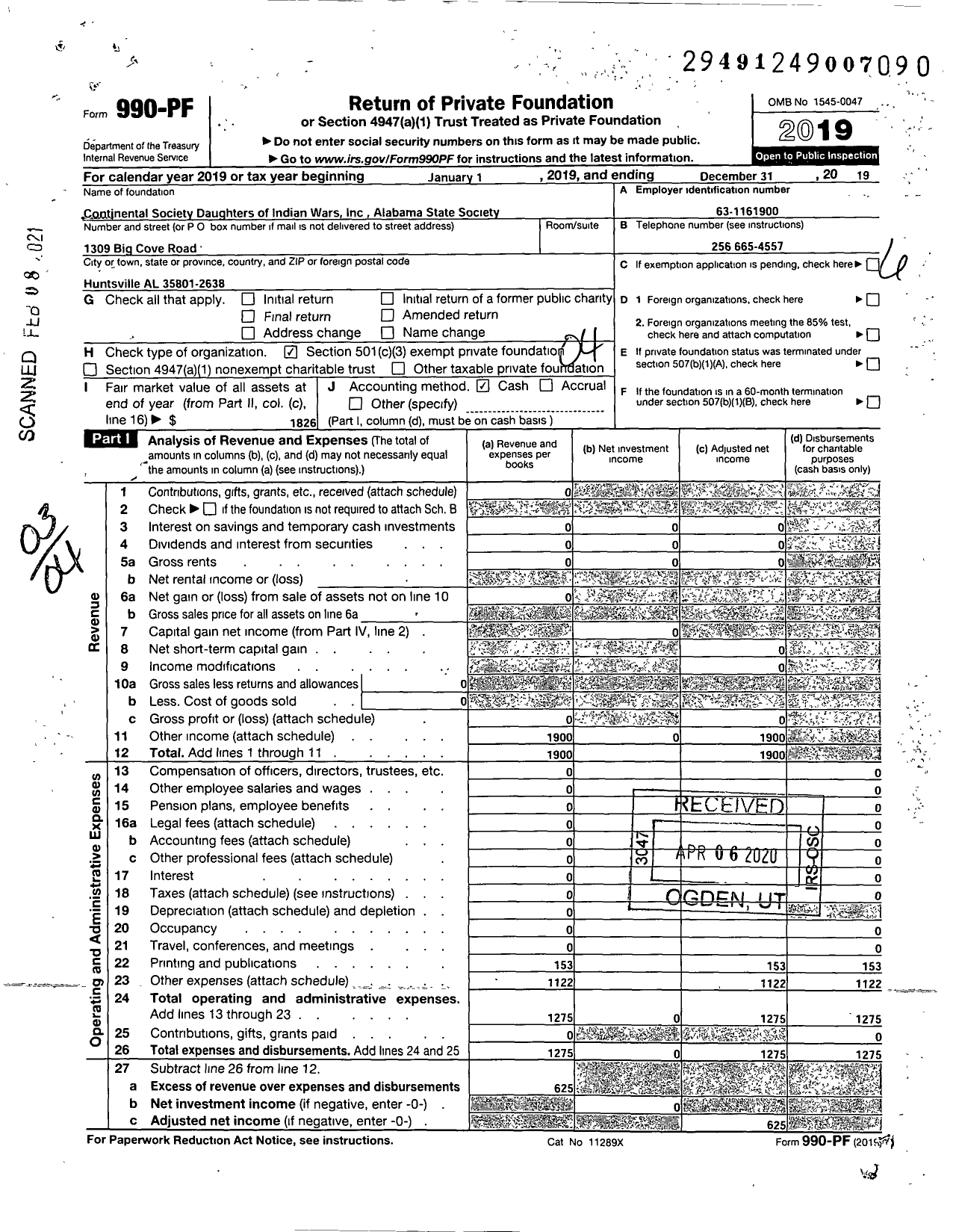 Image of first page of 2019 Form 990PF for Continental Society Daughters of Indian Wars / Alabama State Society