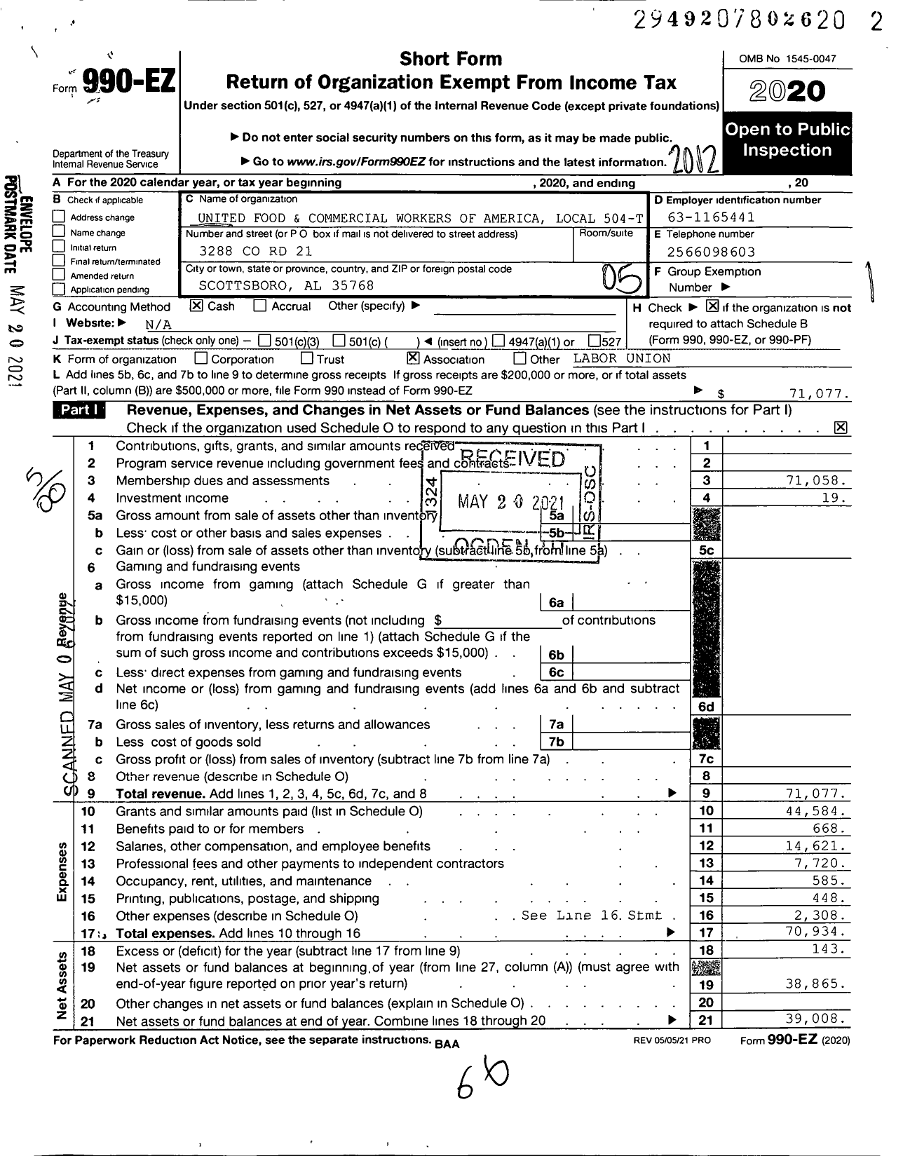 Image of first page of 2020 Form 990EO for United Food & Commercial Workers Union - 504t Local