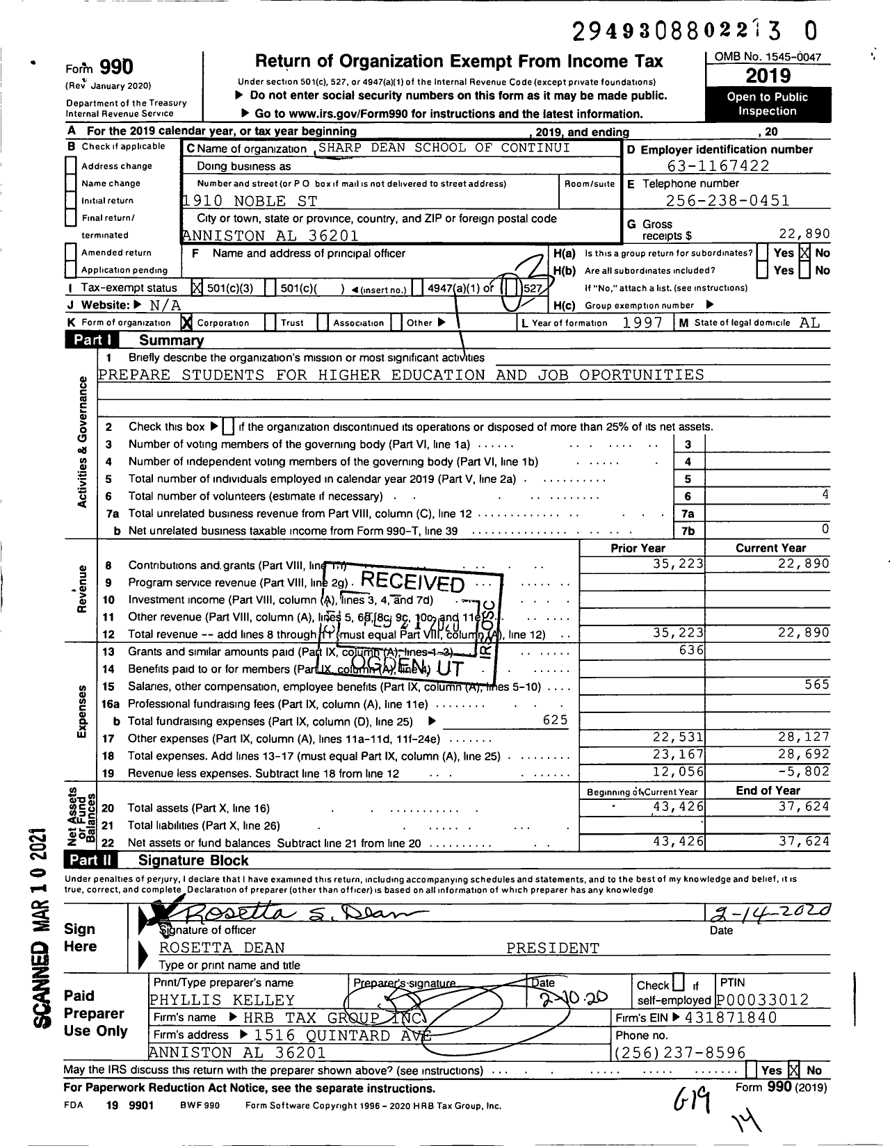 Image of first page of 2019 Form 990 for Sharp Dean School of Continuing Studies