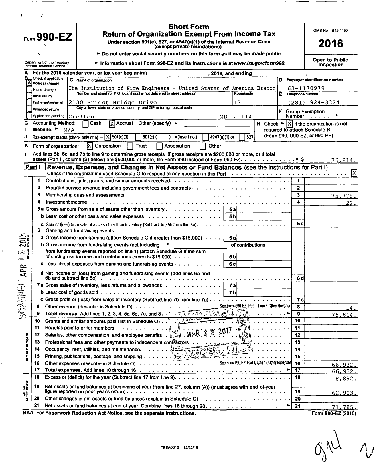 Image of first page of 2016 Form 990EZ for The Institution of Fire Engineers - United States of America Branch