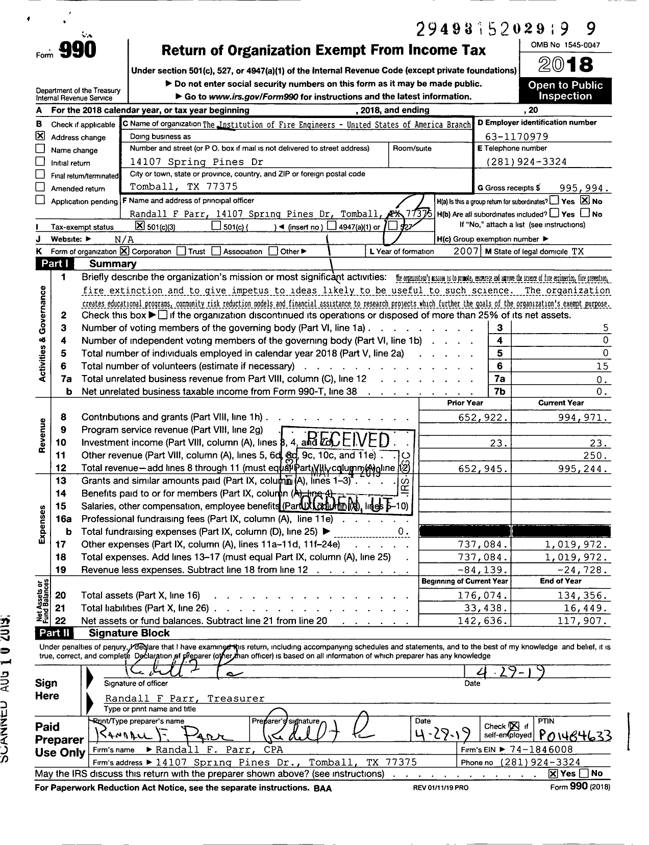 Image of first page of 2018 Form 990 for The Institution of Fire Engineers - United States of America Branch