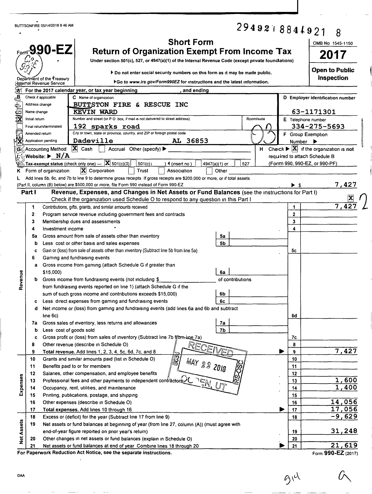 Image of first page of 2017 Form 990EZ for Buttston Volunteer Fire and Rescue