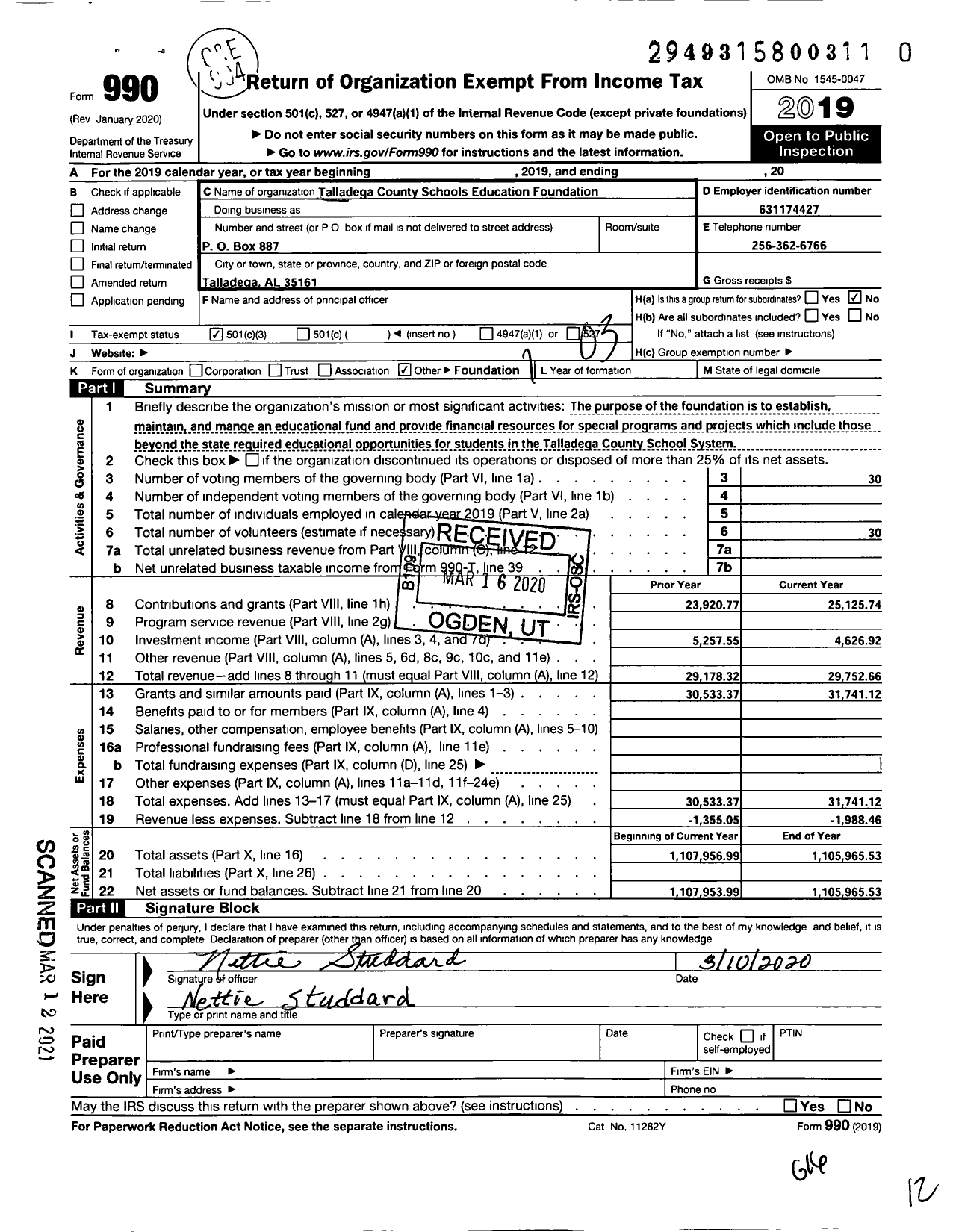 Image of first page of 2019 Form 990 for Talladega County Schools Foundation